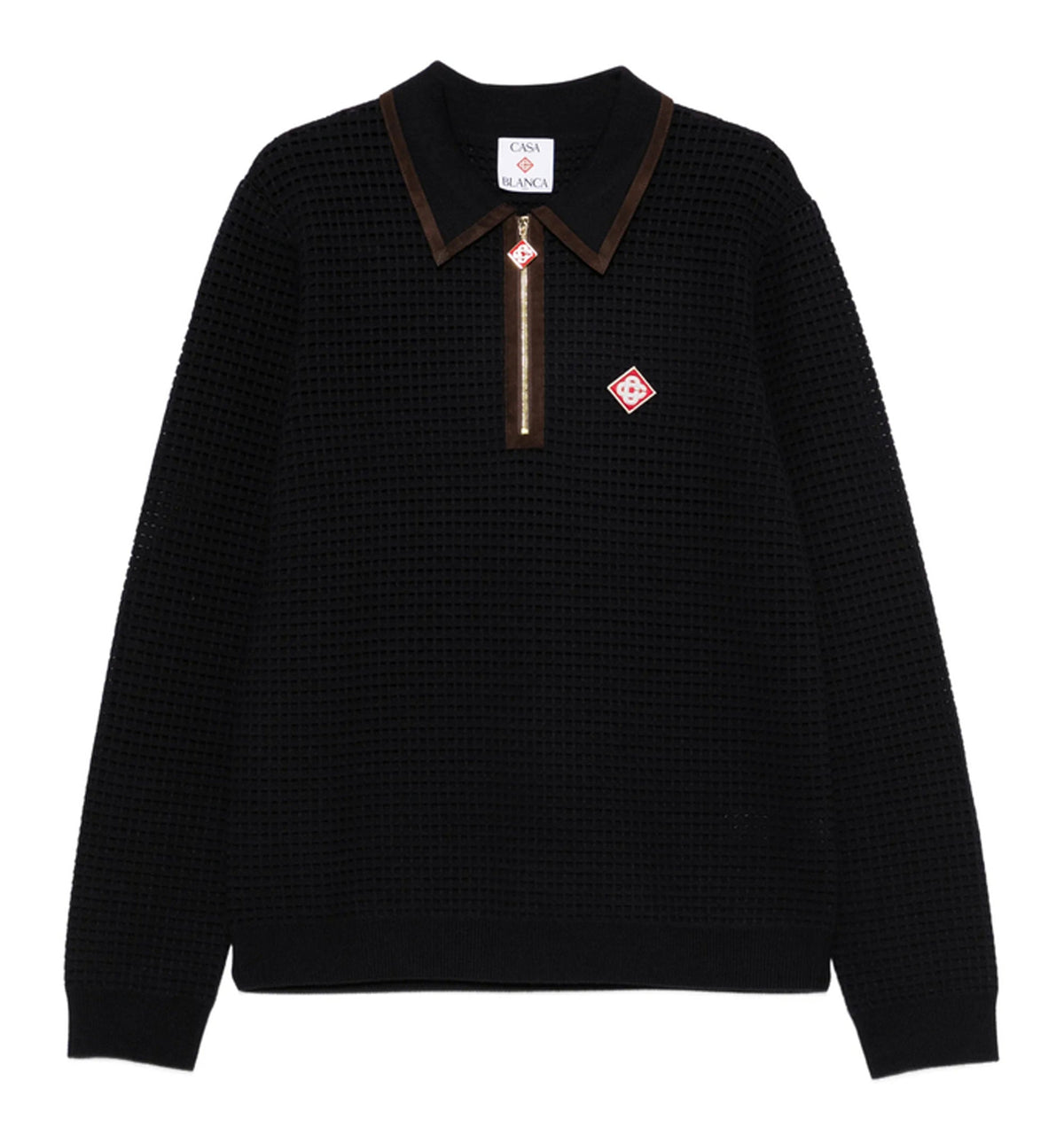 Navy Wool Waffle Stitch Long Sleeve Polo Shirt