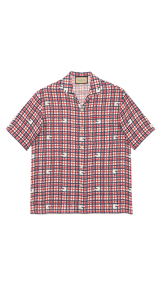Square G Tartan Print Linen Shirt - Ivory/Red/Blue