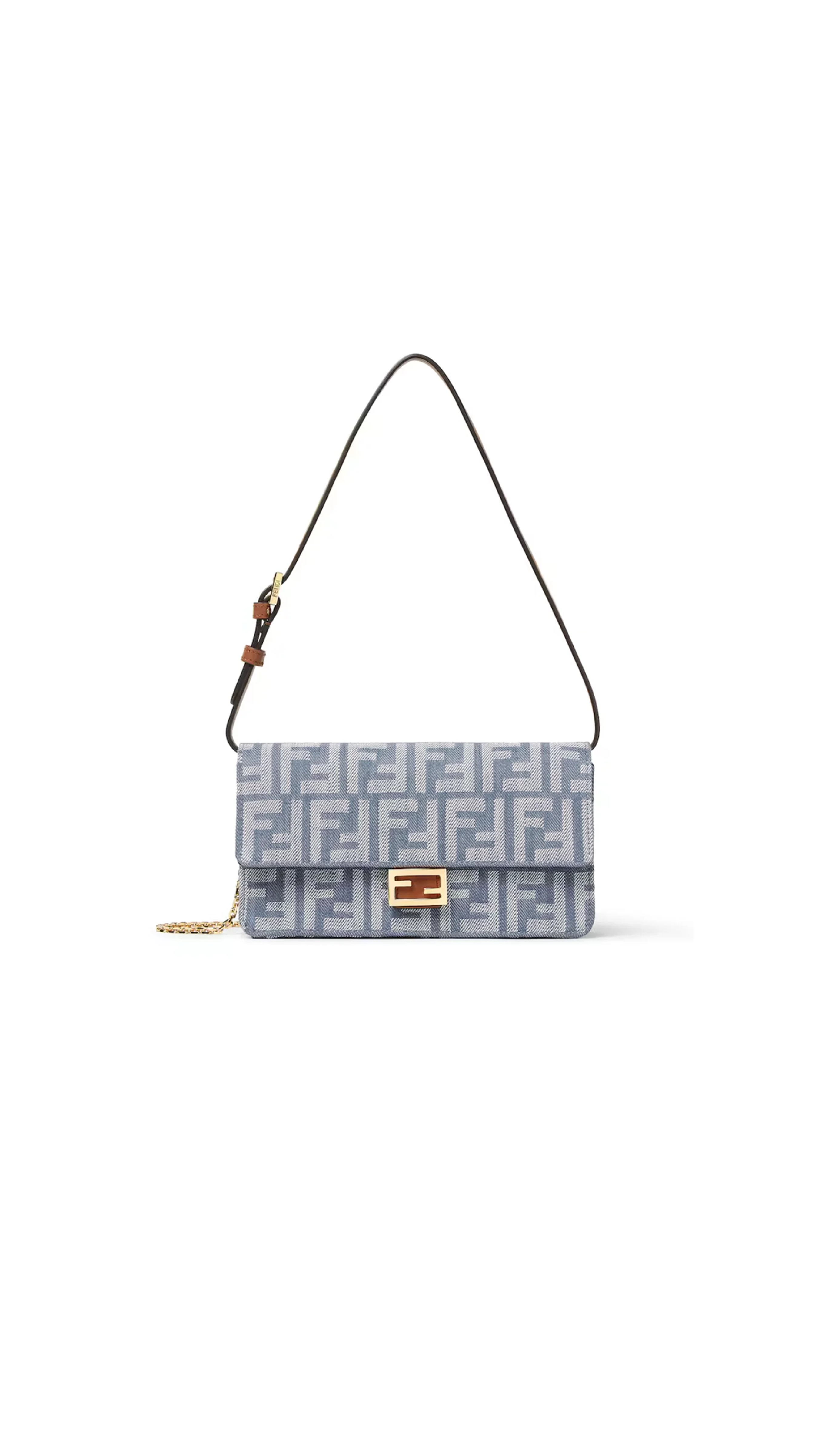 FF Denim Jacquard Baguette Wallet on Chain - Blue