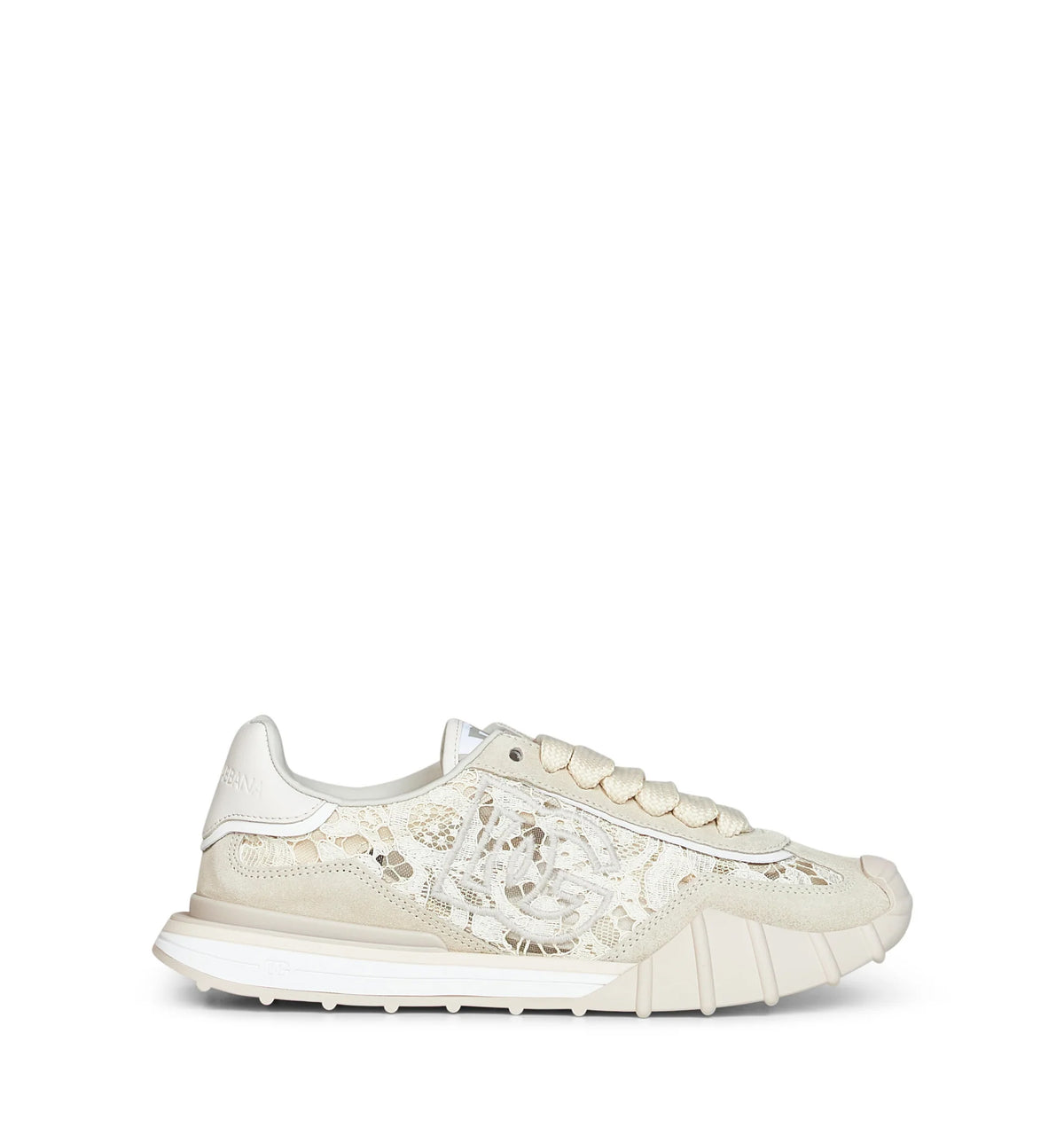 Beige And Chalk Lace And Calf Suede Low-Top Sneakers