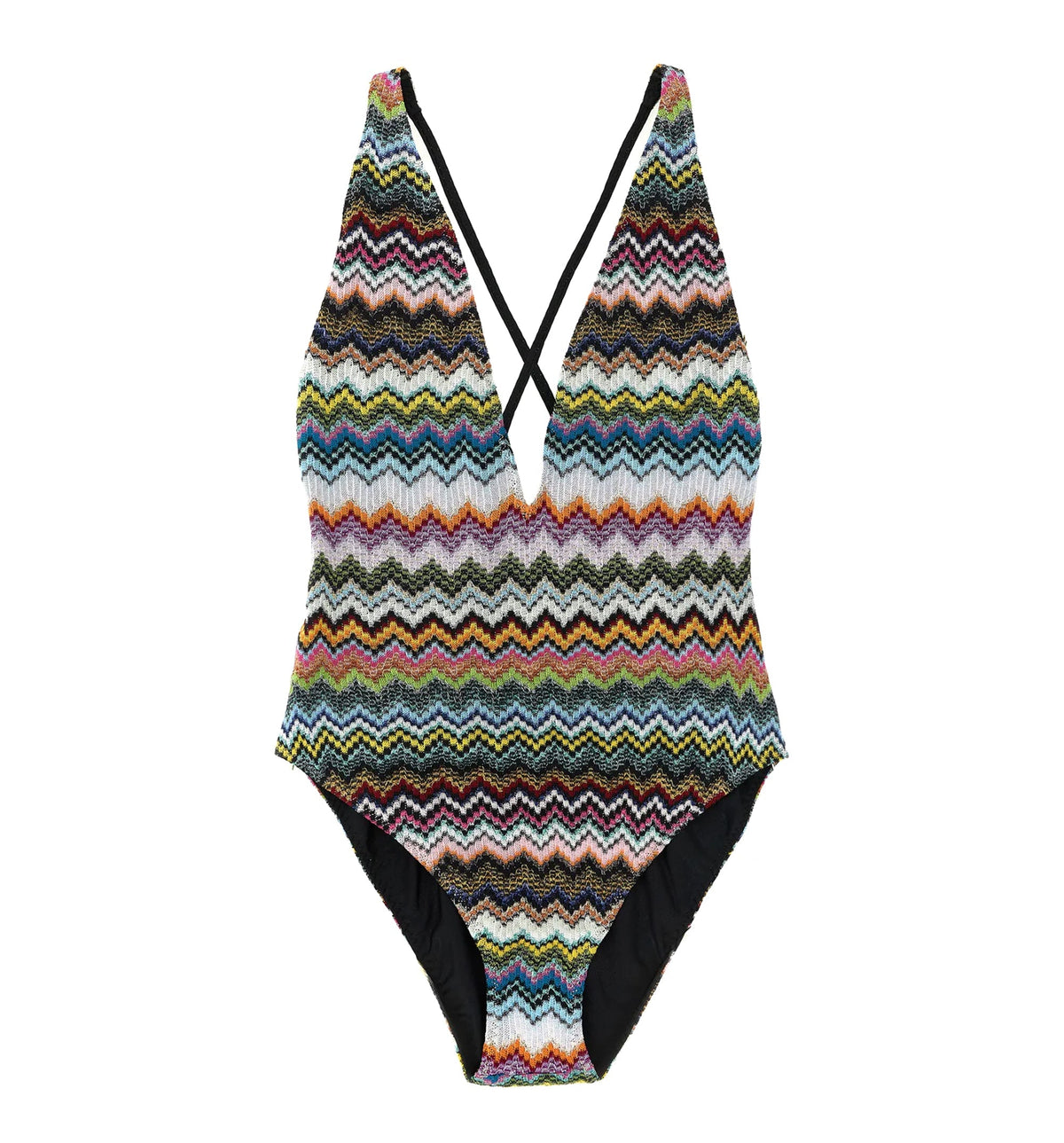 One-Piece Swimsuit In Lamé Viscose With Pixel-Effect Zigzag Pattern And V-Neckline