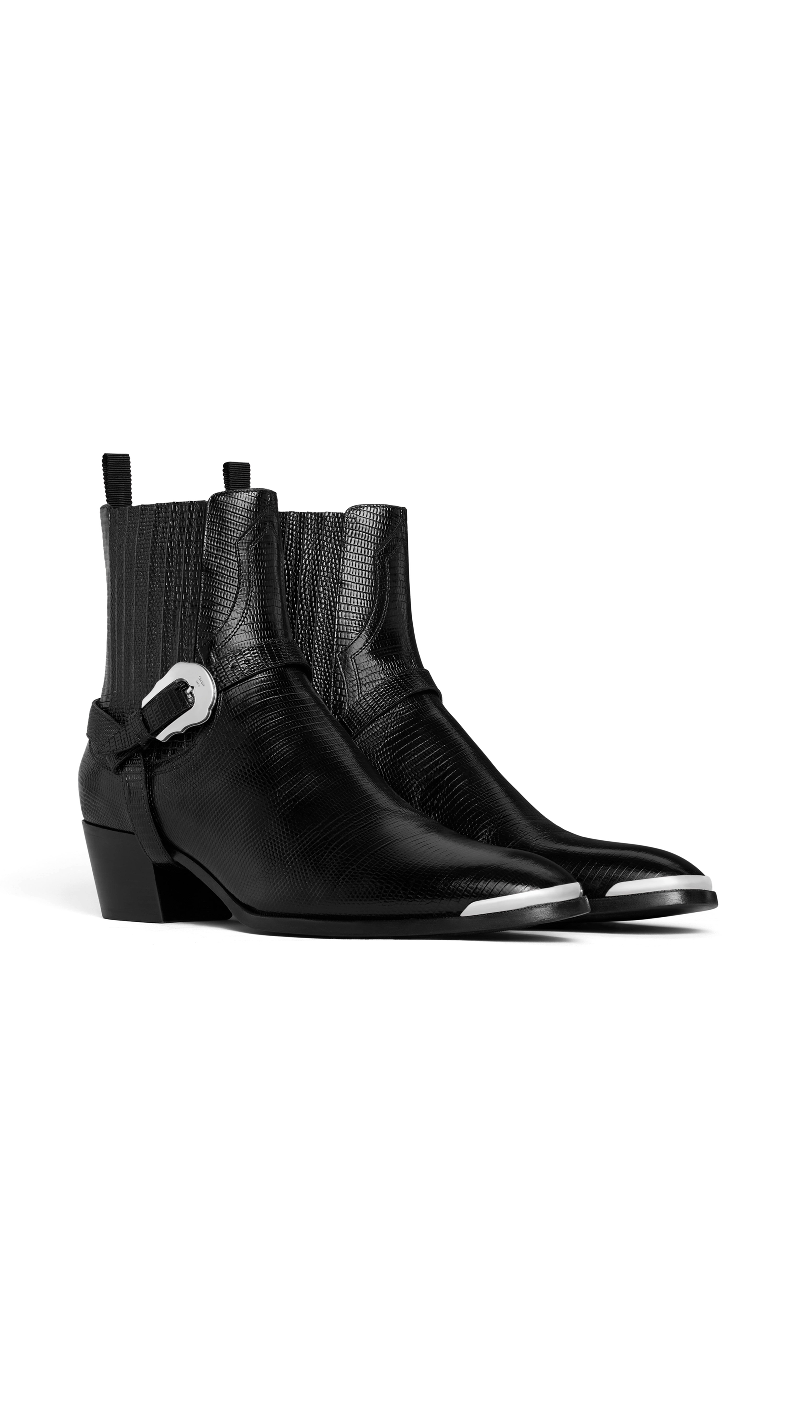 Western Chelsea Isaac Boot with Harness and Metal Toe in Tejus Stamped Calfskin - Black