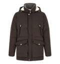 Stretch bonded nylon down parka with detachable hood