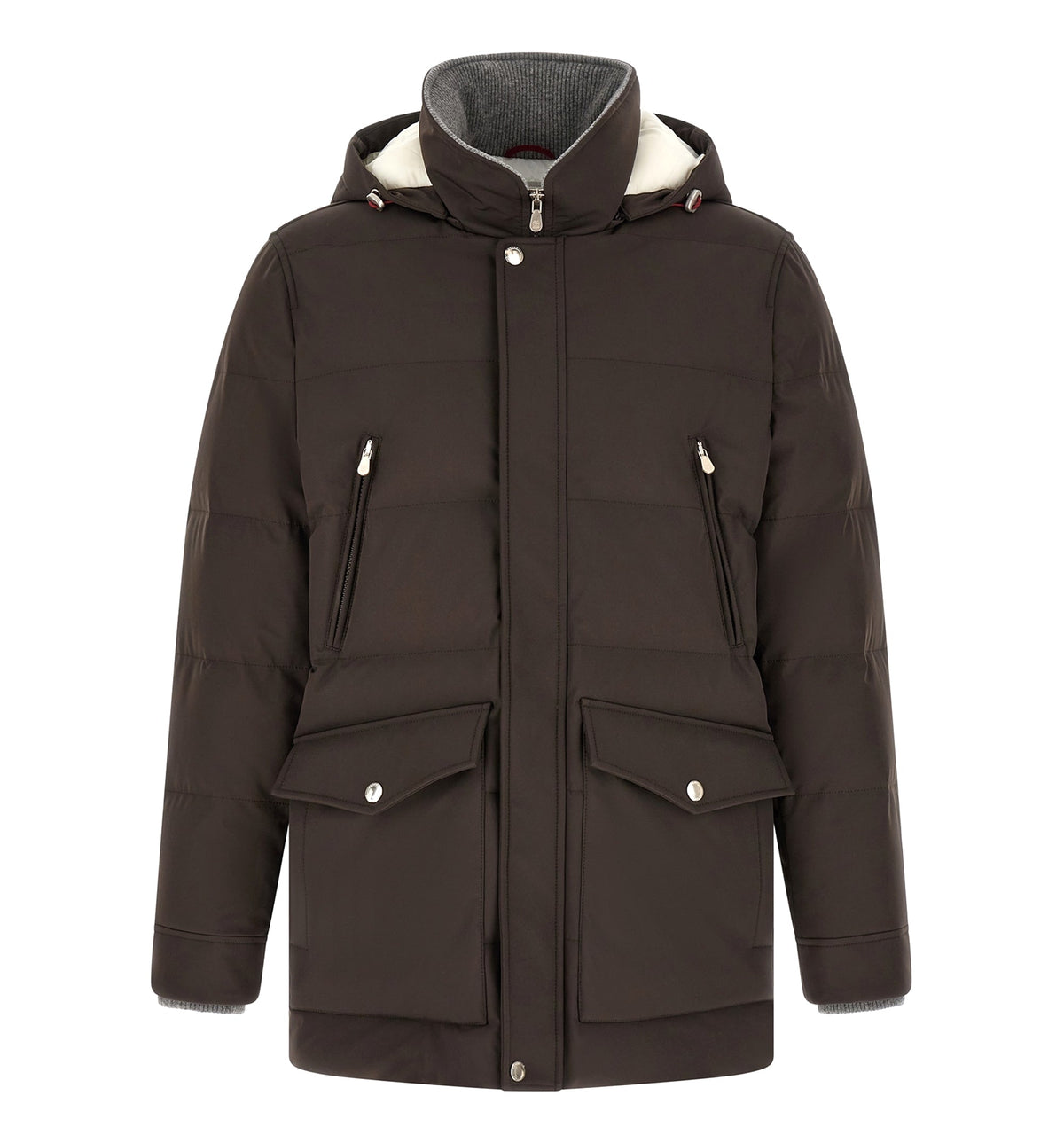 Stretch bonded nylon down parka with detachable hood