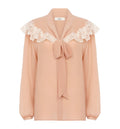 Tie-front gathered blouse in silk georgette & lace