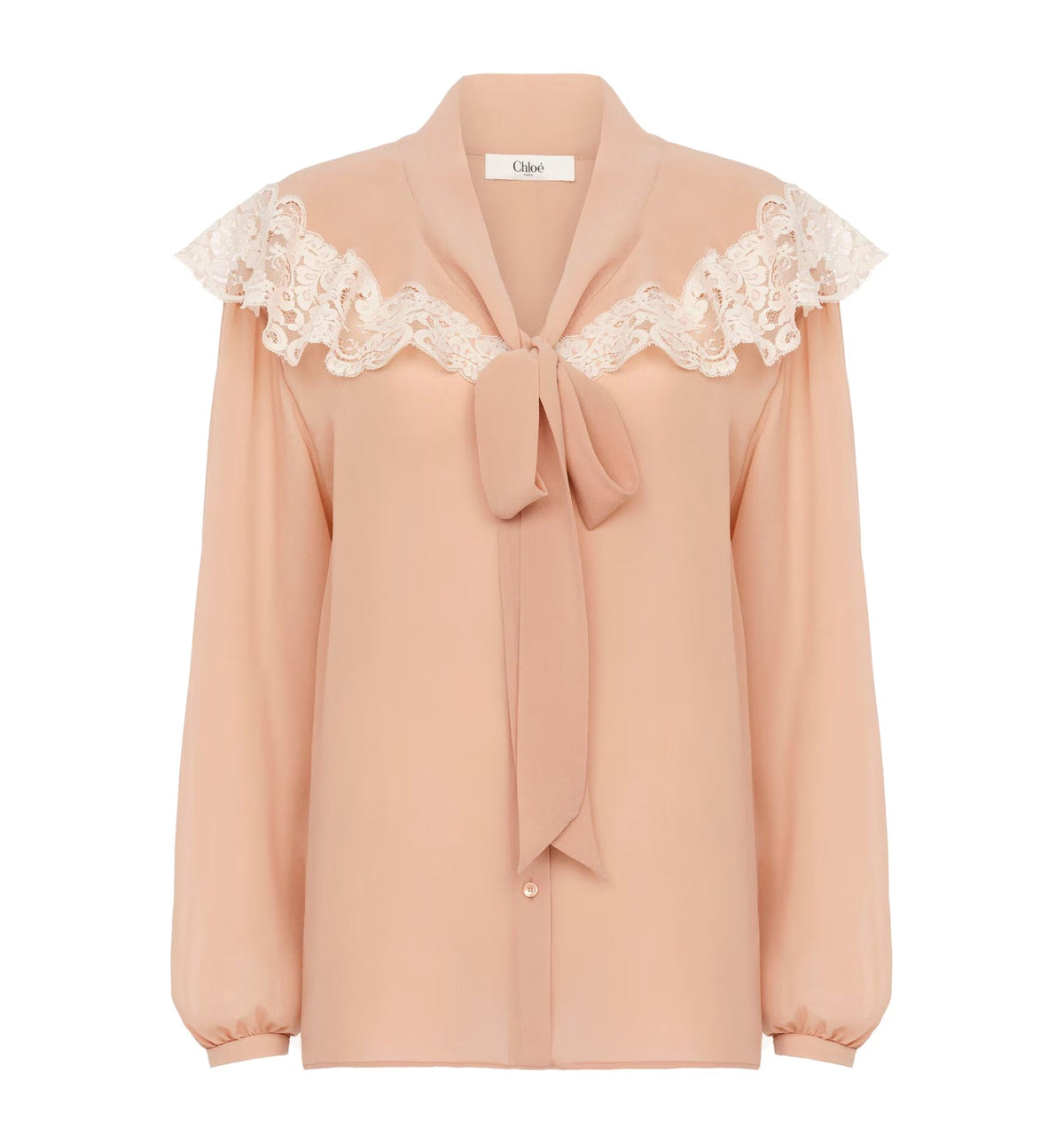 Tie-front gathered blouse in silk georgette & lace