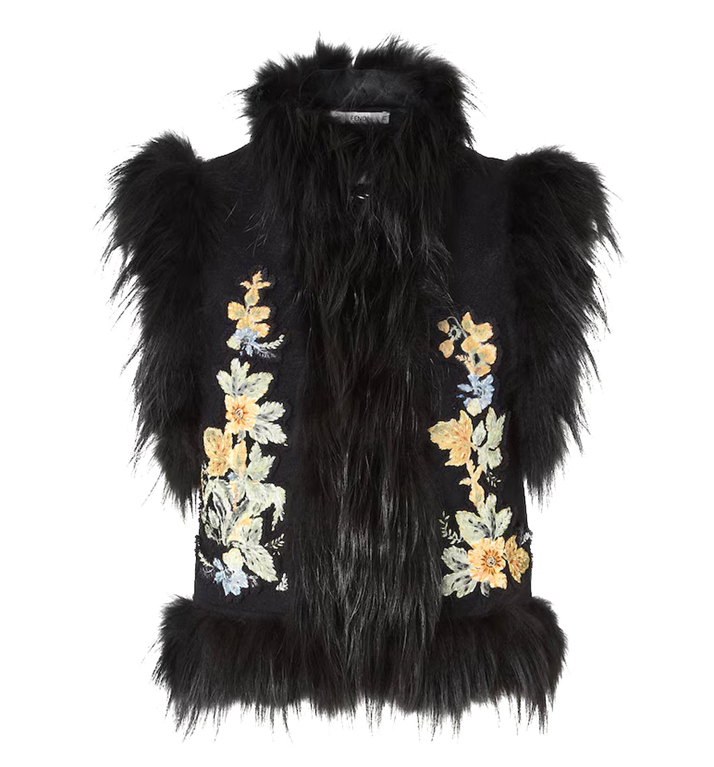 Black Wool Gilet with Embroidery and Fox Fur Trim