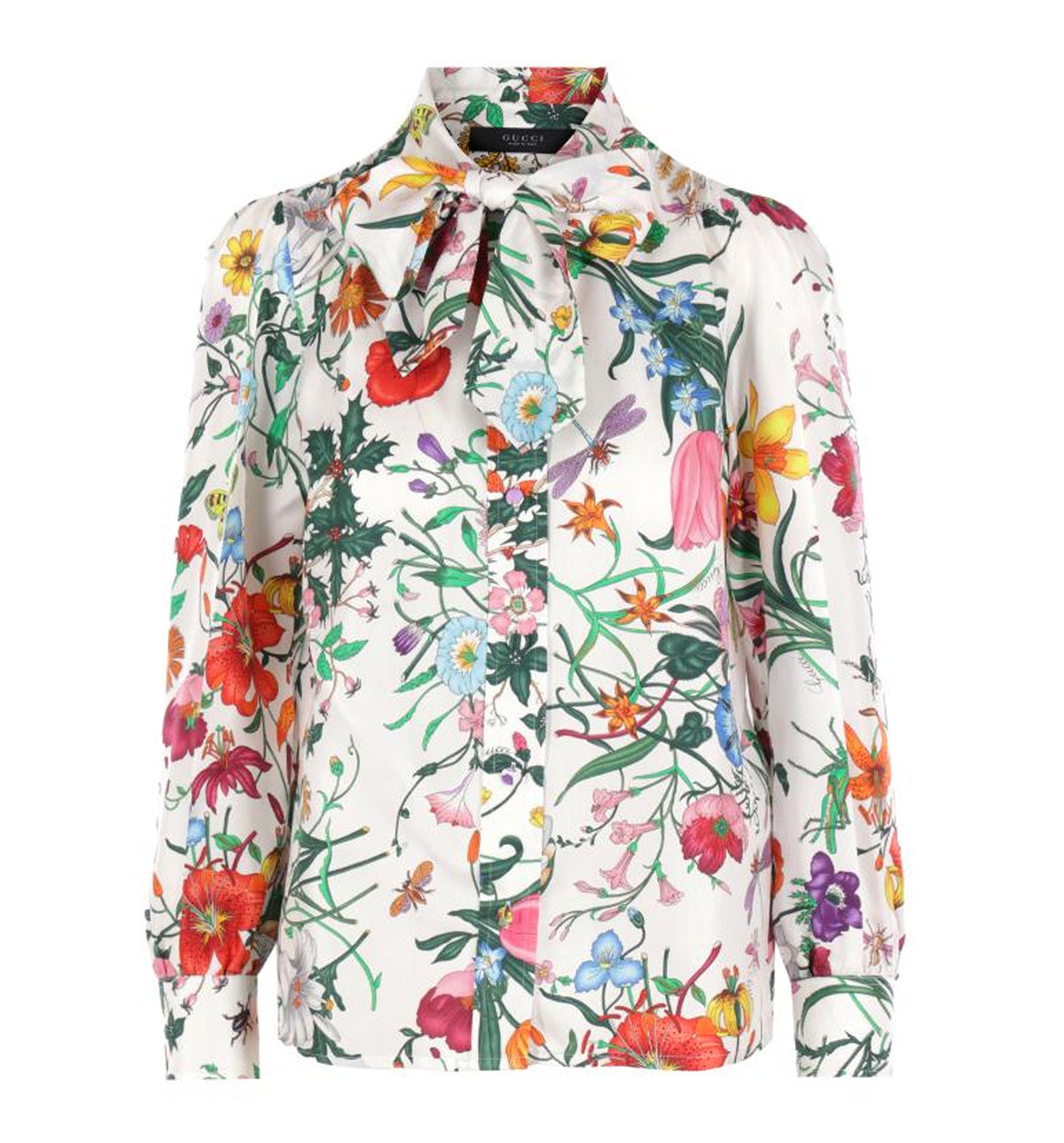 Printed silk twill shirt with bow