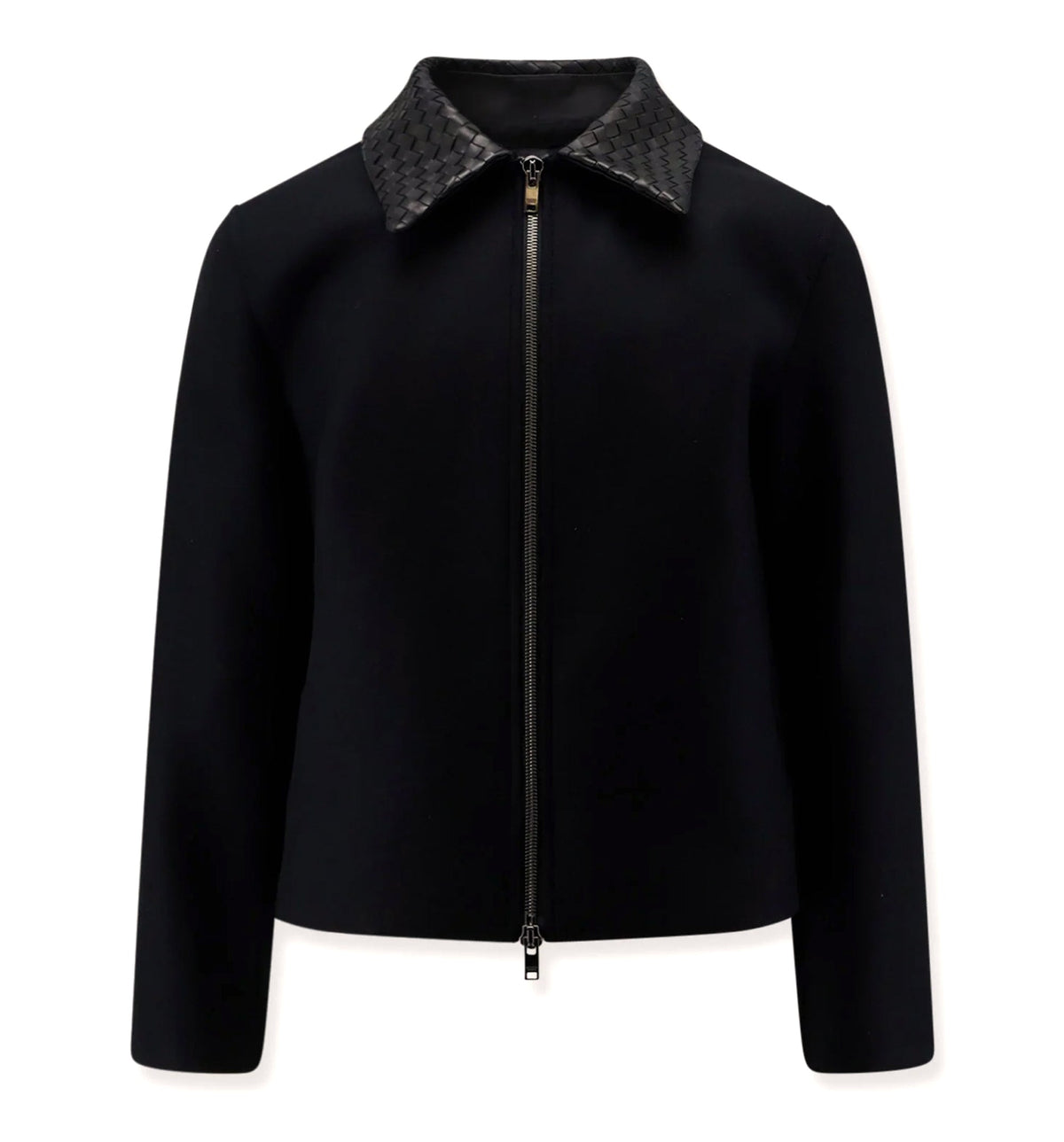 Wool jacket with leather collar with Intrecciato motif