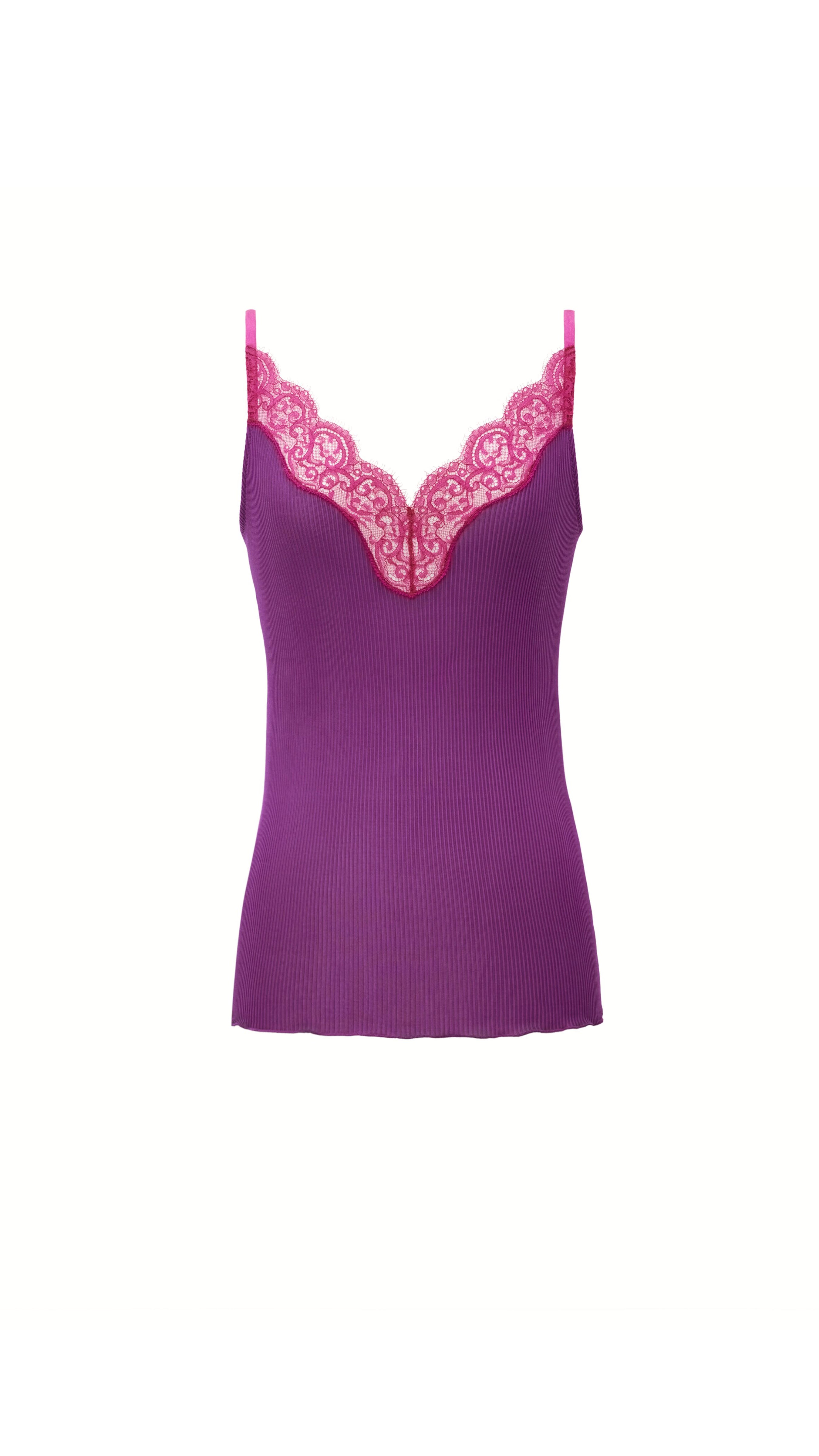 Lace Tank Top In Ribbed Silk Jersey - Fuchsia