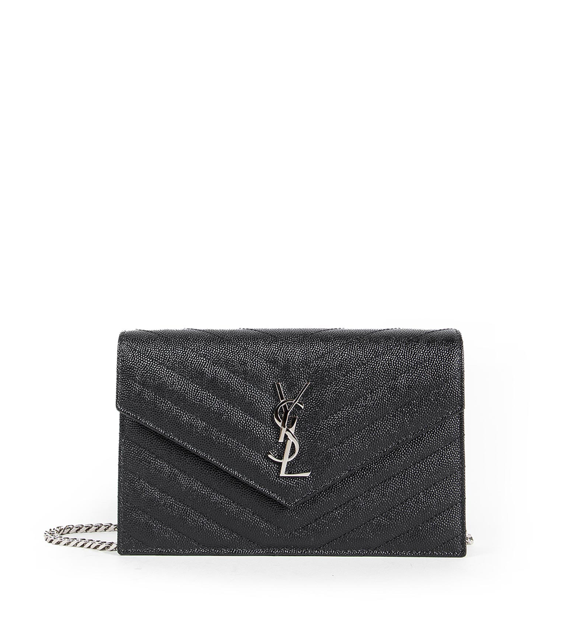Cassandre Matelassé Envelope Chain Wallet in Gain de Poudre Embossed Leather - Black