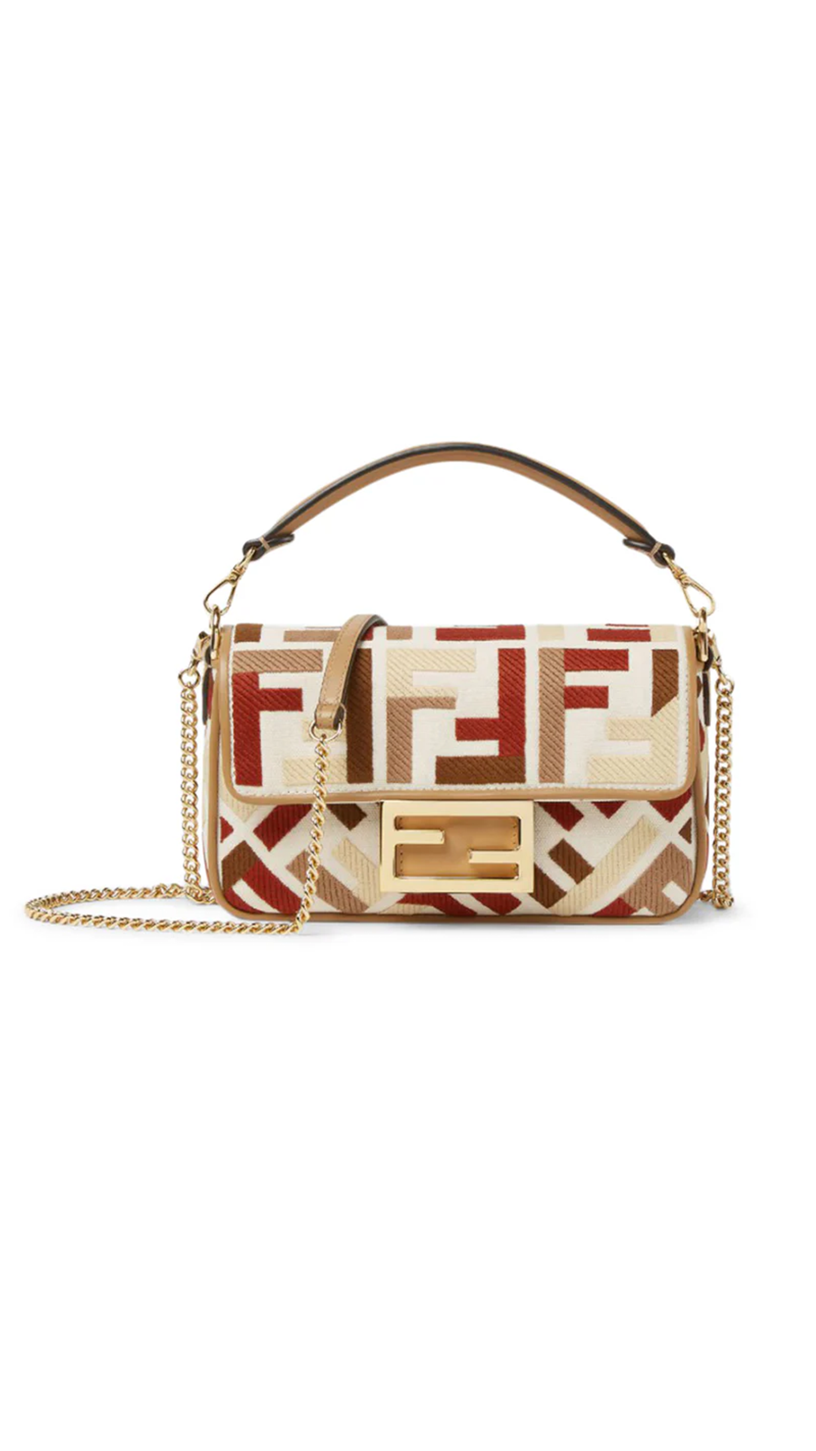 FF Embroidery Baguette Mini Bag - Beige/Burgundy