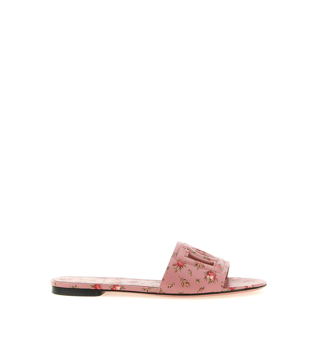 Calfskin Flat Slippers With Rose Print