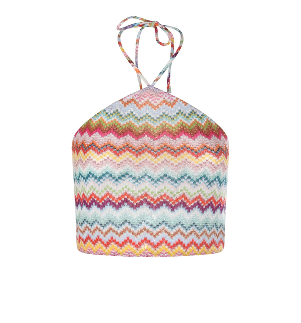 Halter-Neck Lamé Viscose Top With Pixel-Effect Zigzag Motif