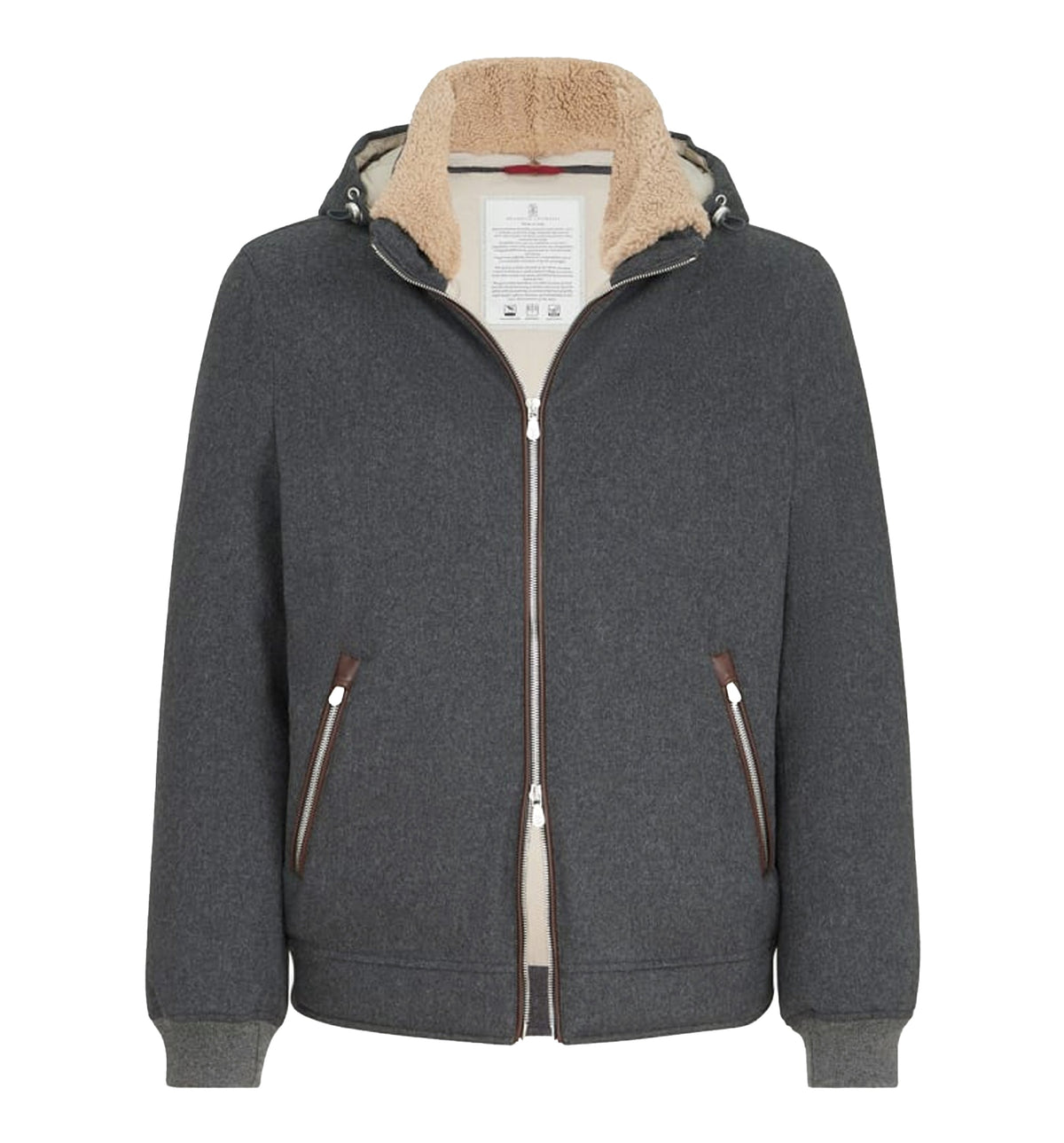 Bonded wool flannel down jacket with detachable hood