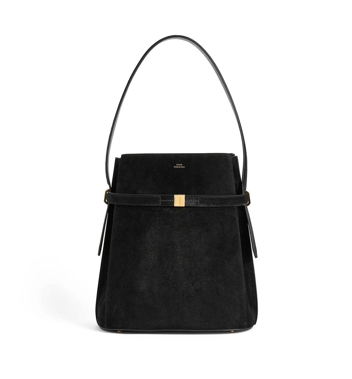 Belted suede bucket bag