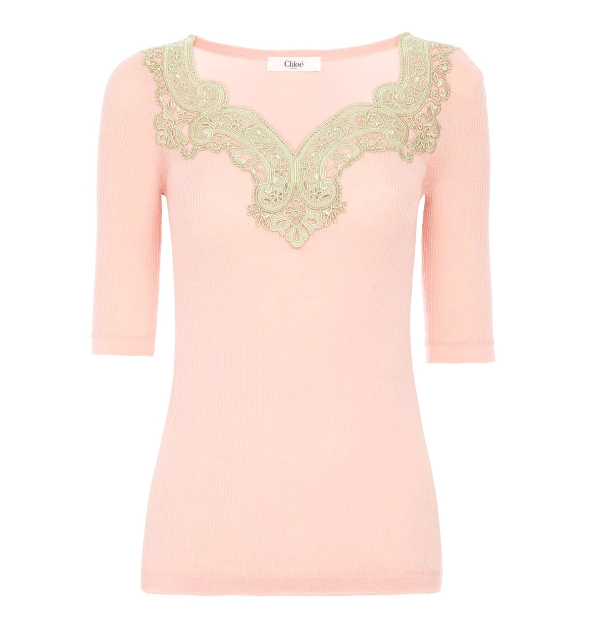 Elbow-sleeve fitted sweater in a wool knit & lace