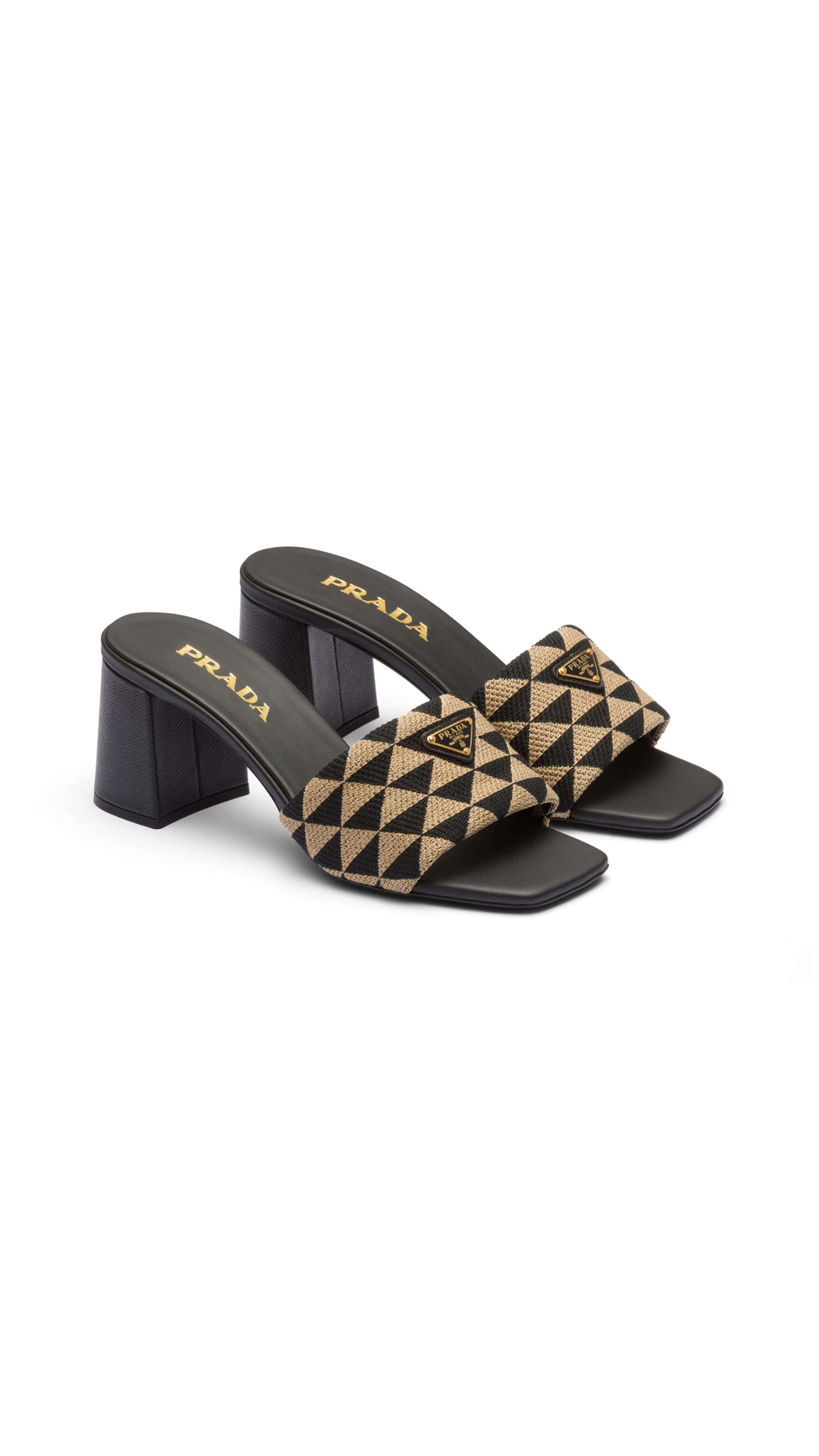 Embroidered Heeled Fabric Slides - Black/Beige