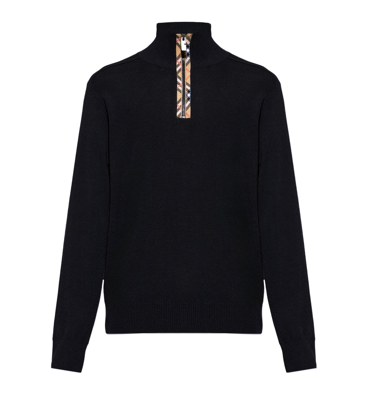 Check Trim Wool Half-Zip Sweater