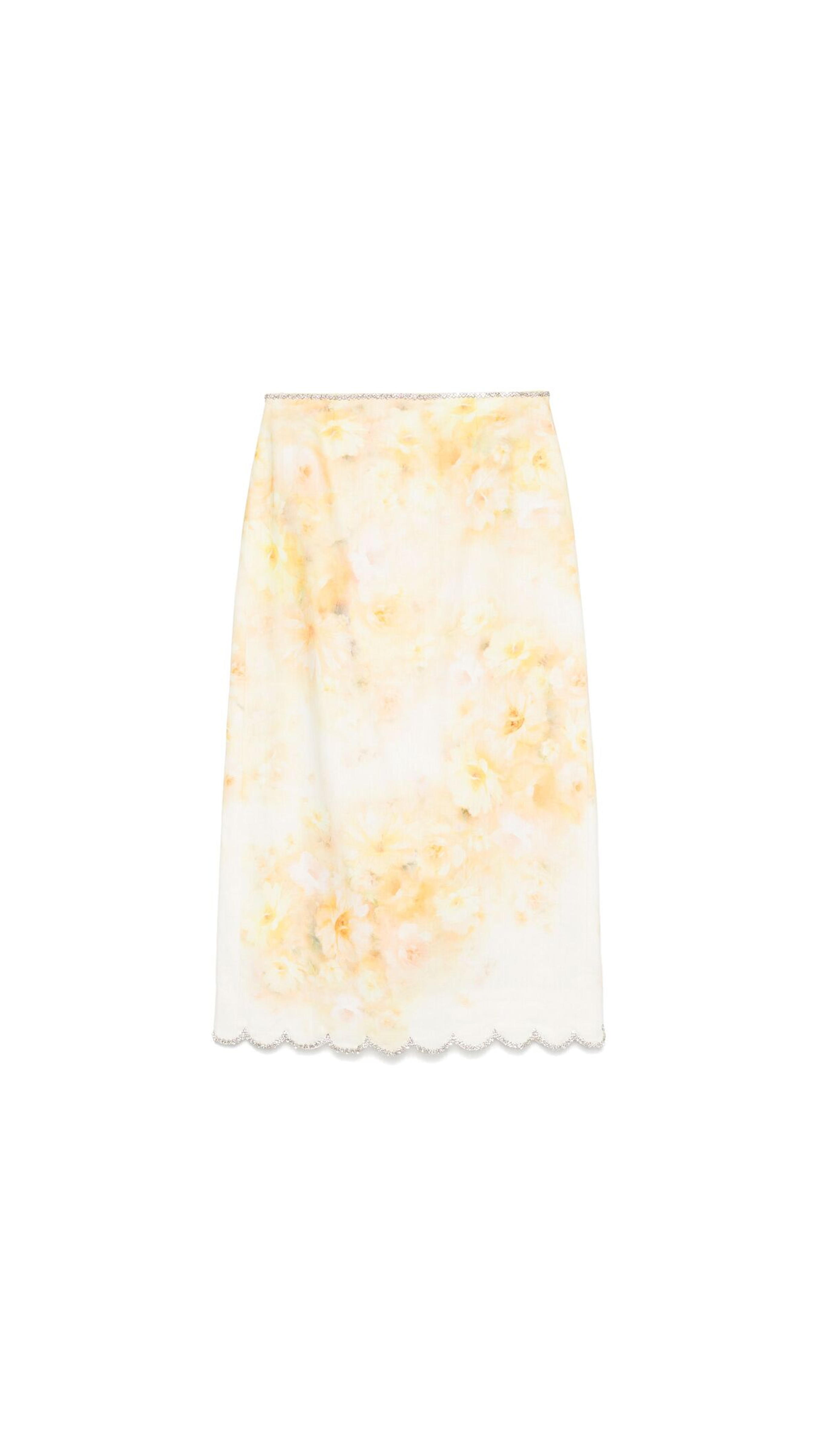 Crush Scalloped Midi Skirt - Yellow Floral