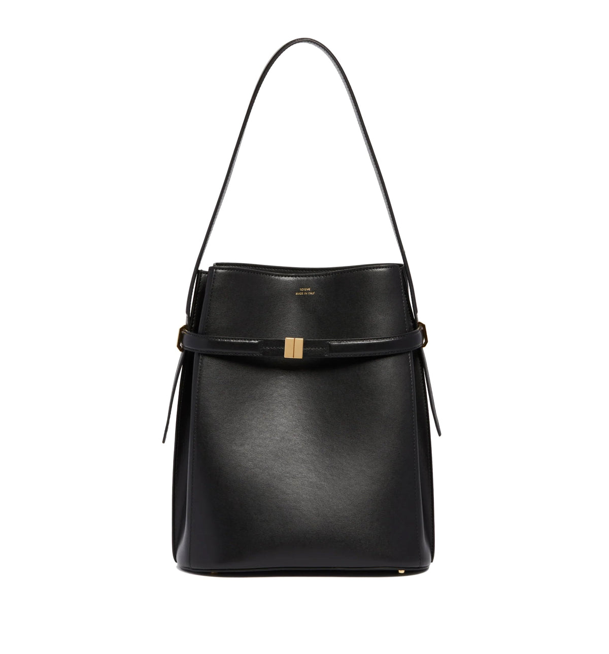Belted leather bucket bag