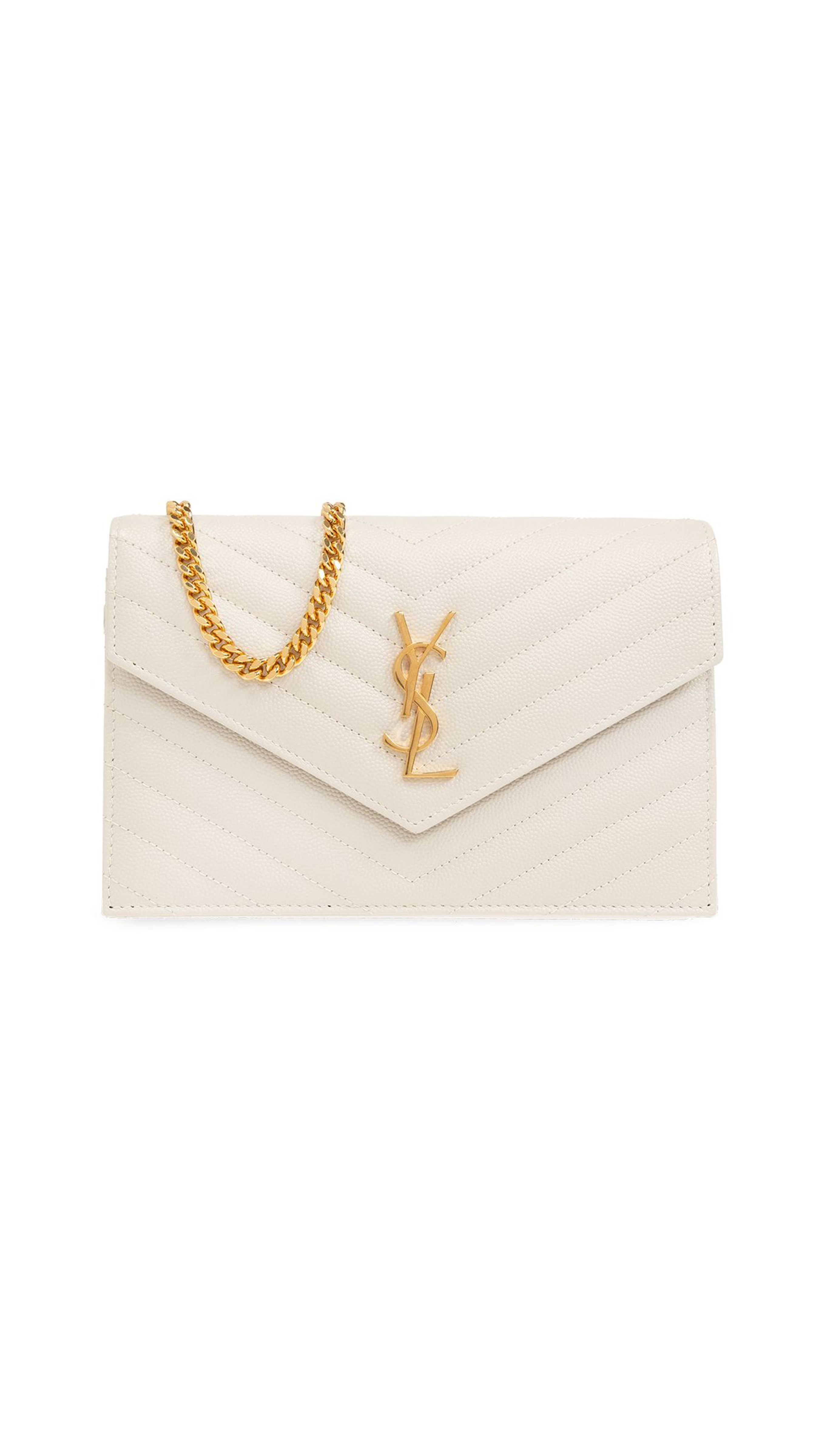 Cassandre Matelassé Envelope Chain Wallet in Grain de Poudre Embossed Leather - Crema Soft