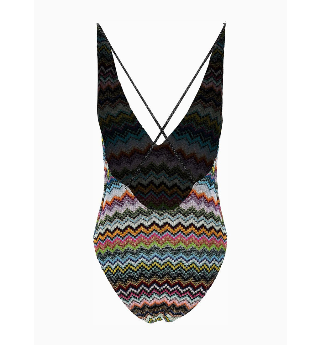 One-Piece Swimsuit In Lamé Viscose With Pixel-Effect Zigzag Pattern And V-Neckline