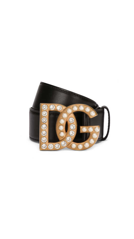 Calfskin Belt with Bejeweled DG logo - Black