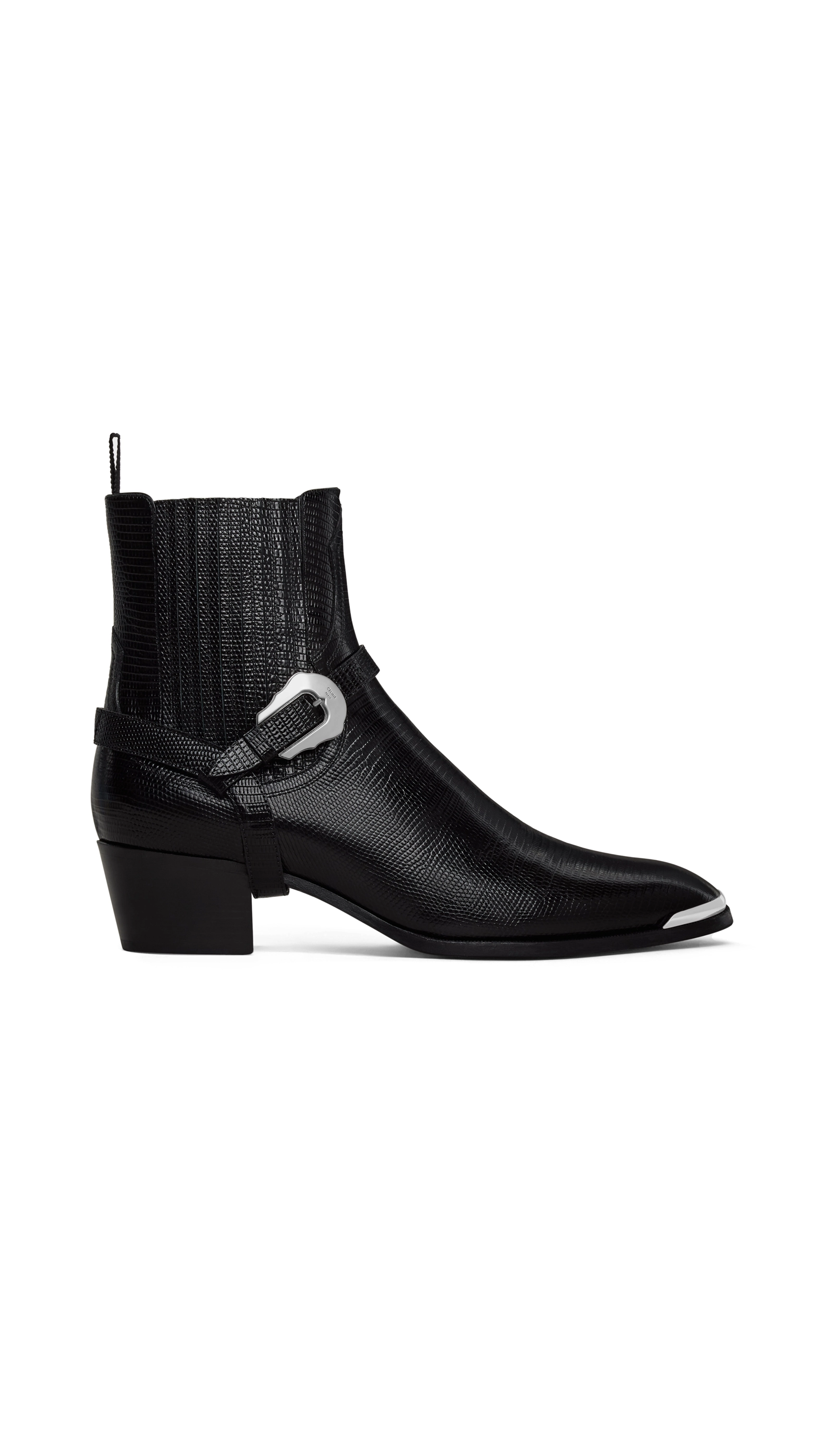 Western Chelsea Isaac Boot with Harness and Metal Toe in Tejus Stamped Calfskin - Black