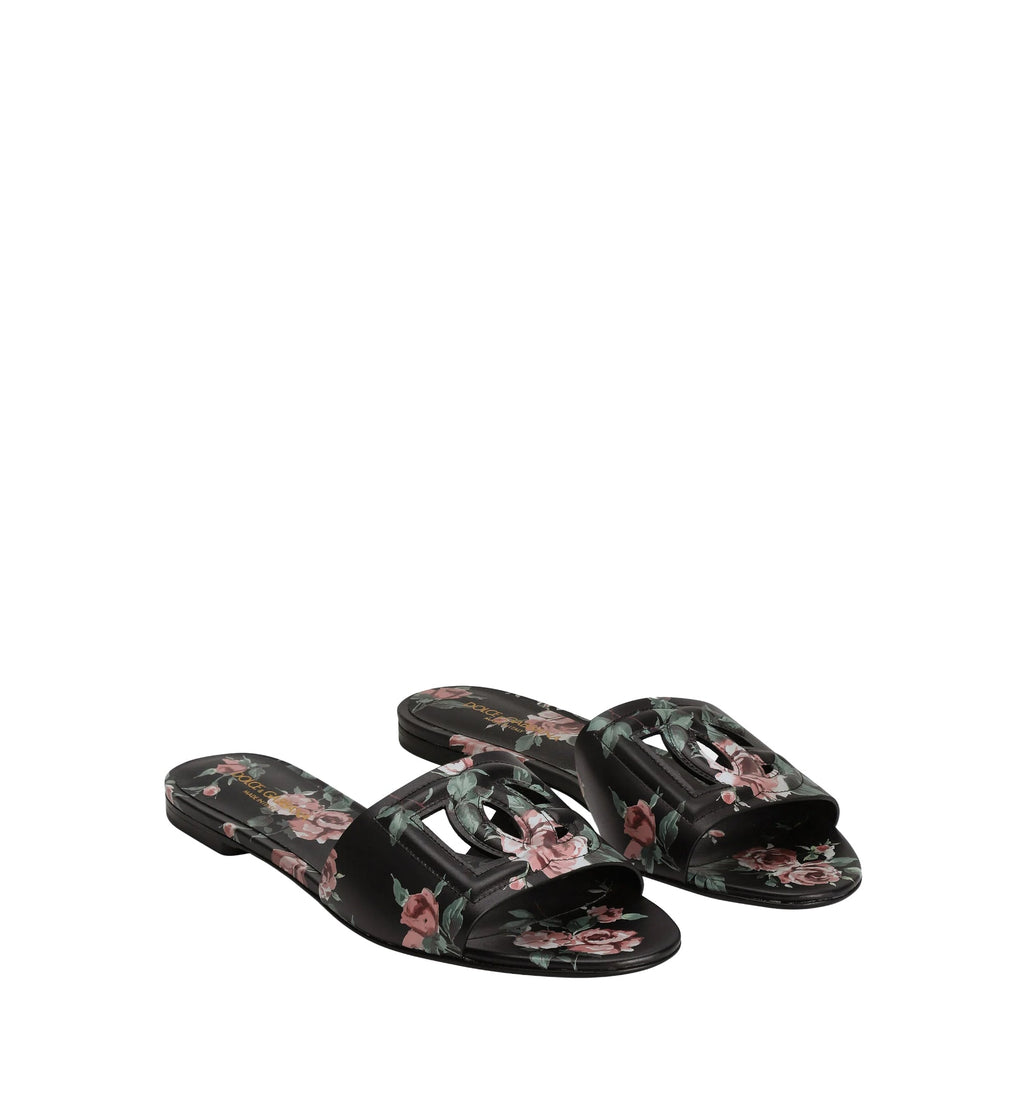 Calfskin Flat Slippers With Rose Print