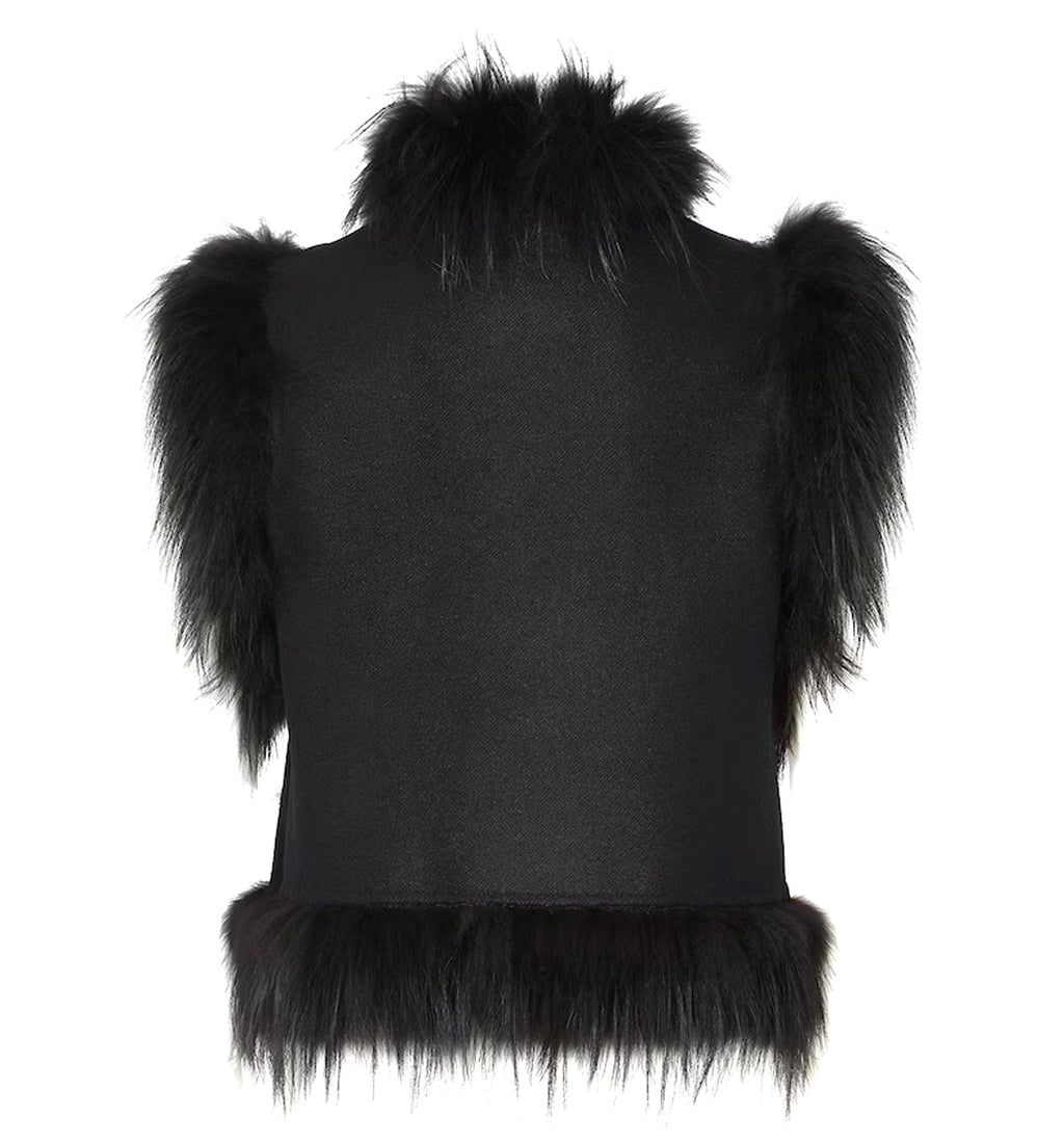 Black Wool Gilet with Embroidery and Fox Fur Trim