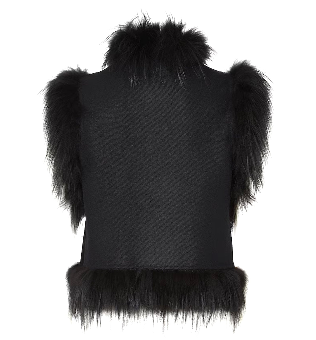 Black Wool Gilet with Embroidery and Fox Fur Trim