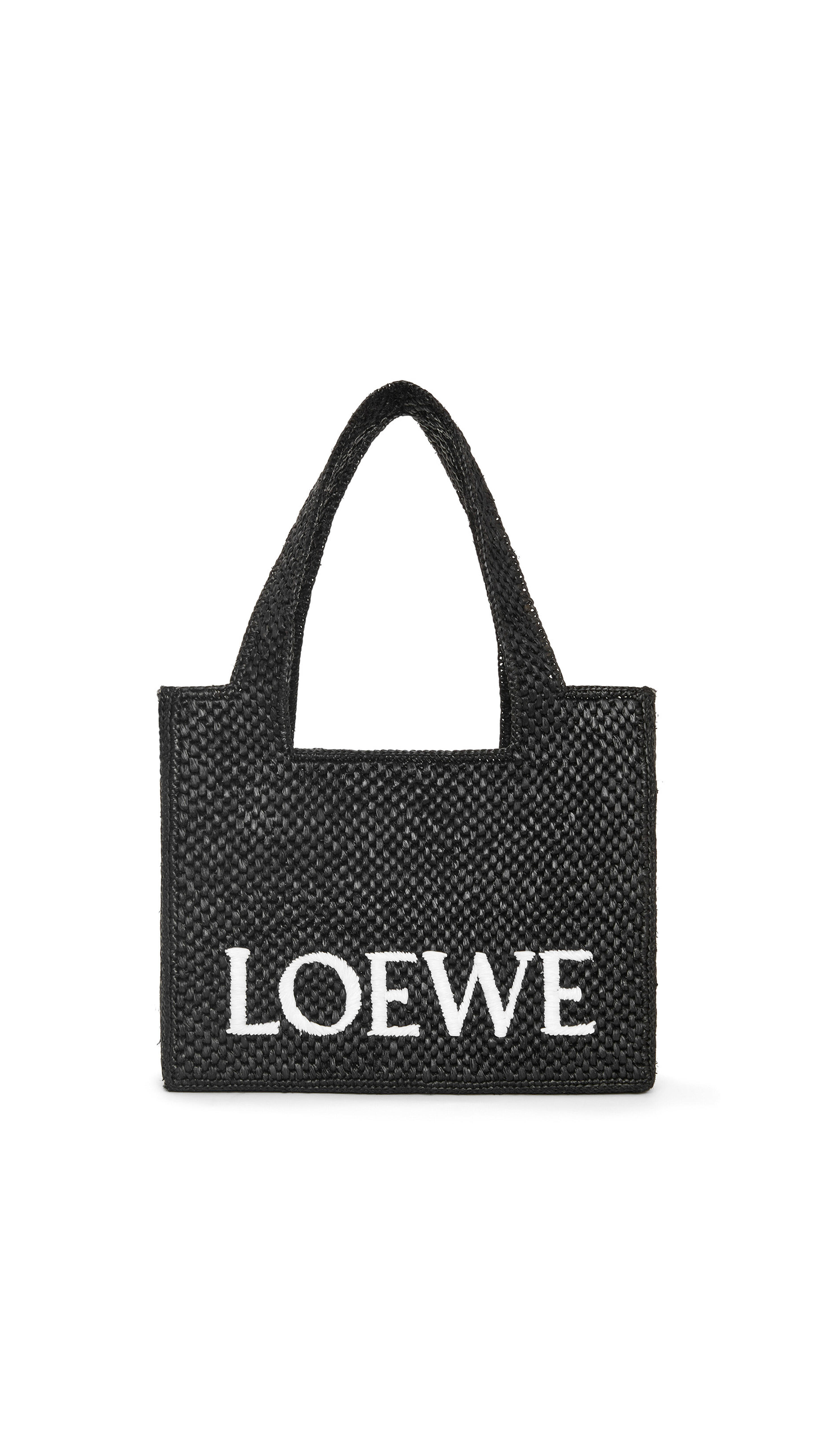 Medium Loewe Font Tote in Raffia - Black/White