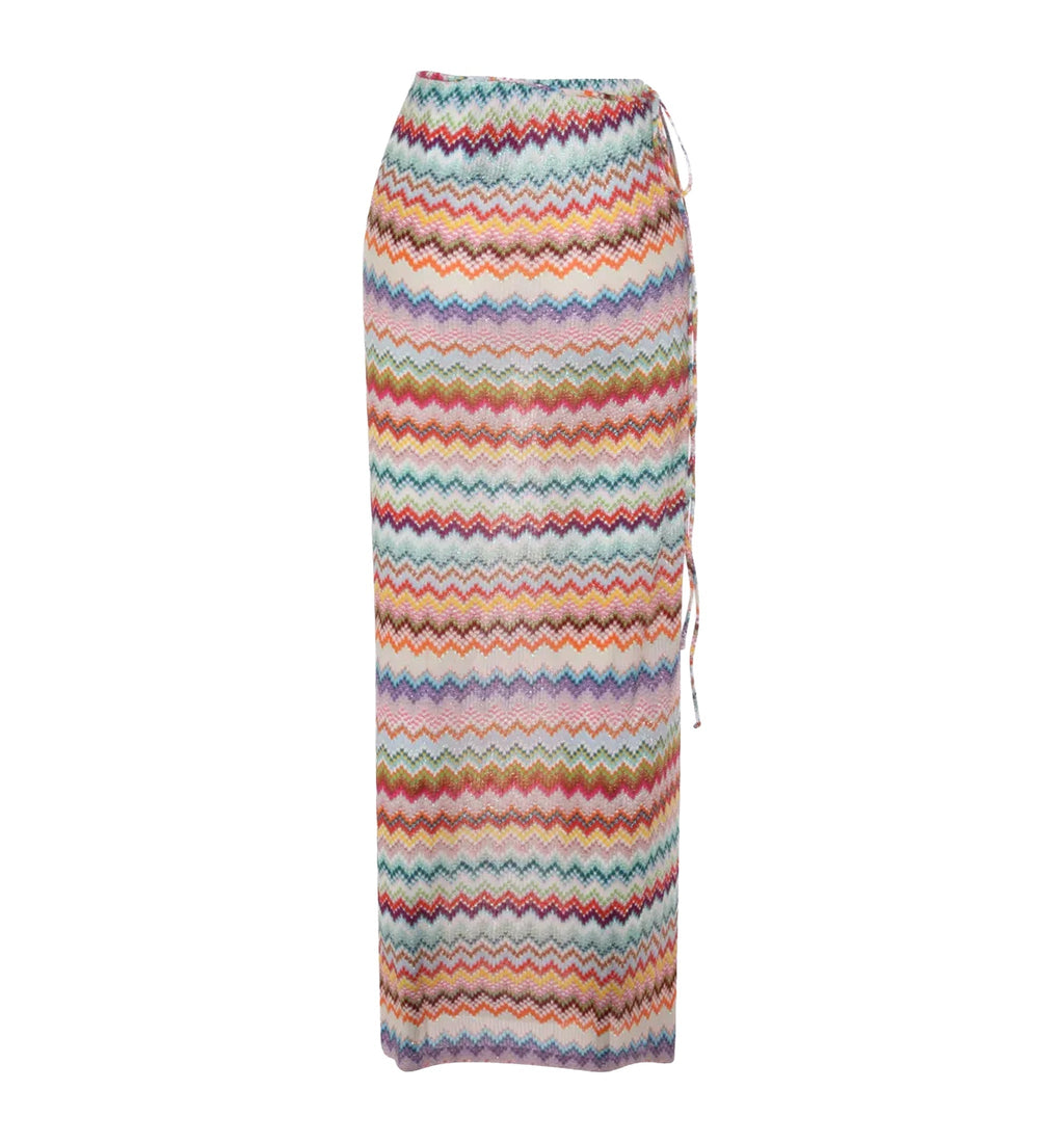 Long Pareo Skirt in Lamé Viscose With Pixel-Effect Zigzag Pattern