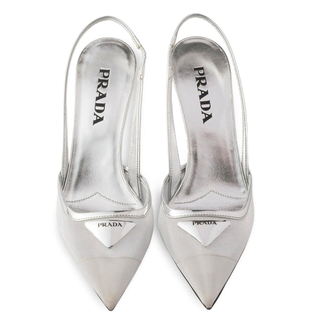 Mesh fabric slingback pumps