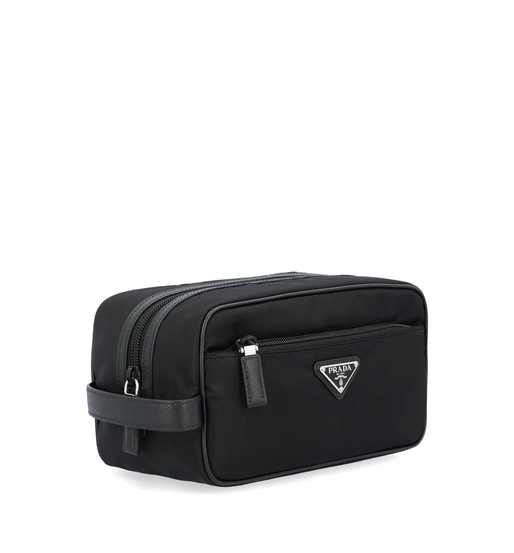 Re-nylon And Saffiano Leather Travel Pouch