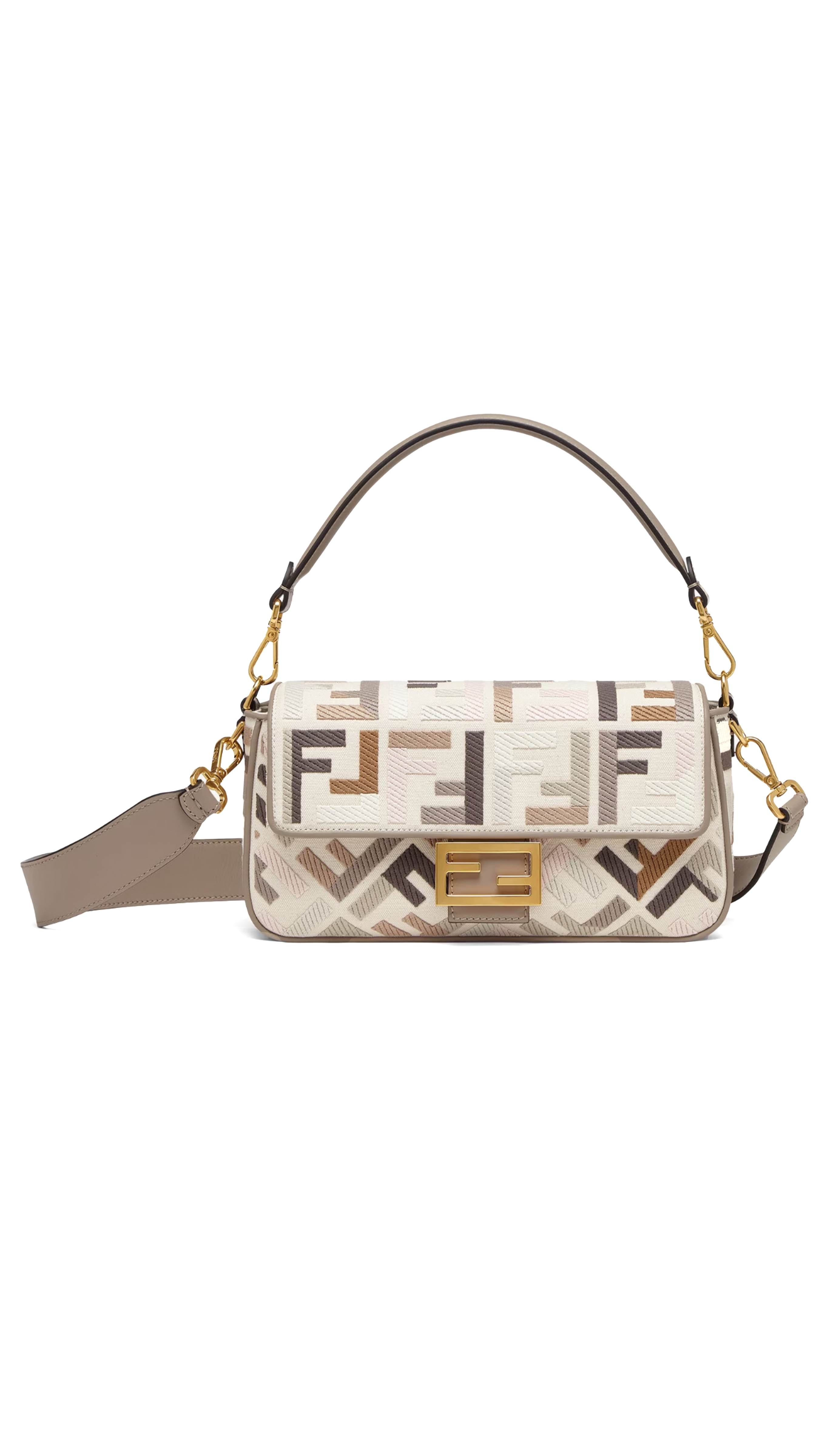 FF Embroidery Canvas Baguette Bag - Beige Multi