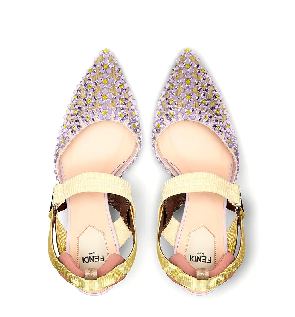 Yellow mesh and lilac crystal high-heeled slingbacks