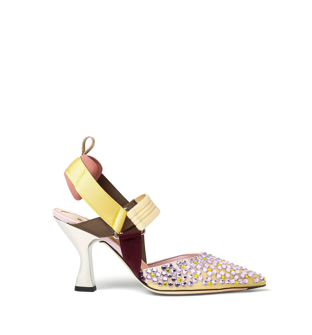Yellow mesh and lilac crystal high-heeled slingbacks