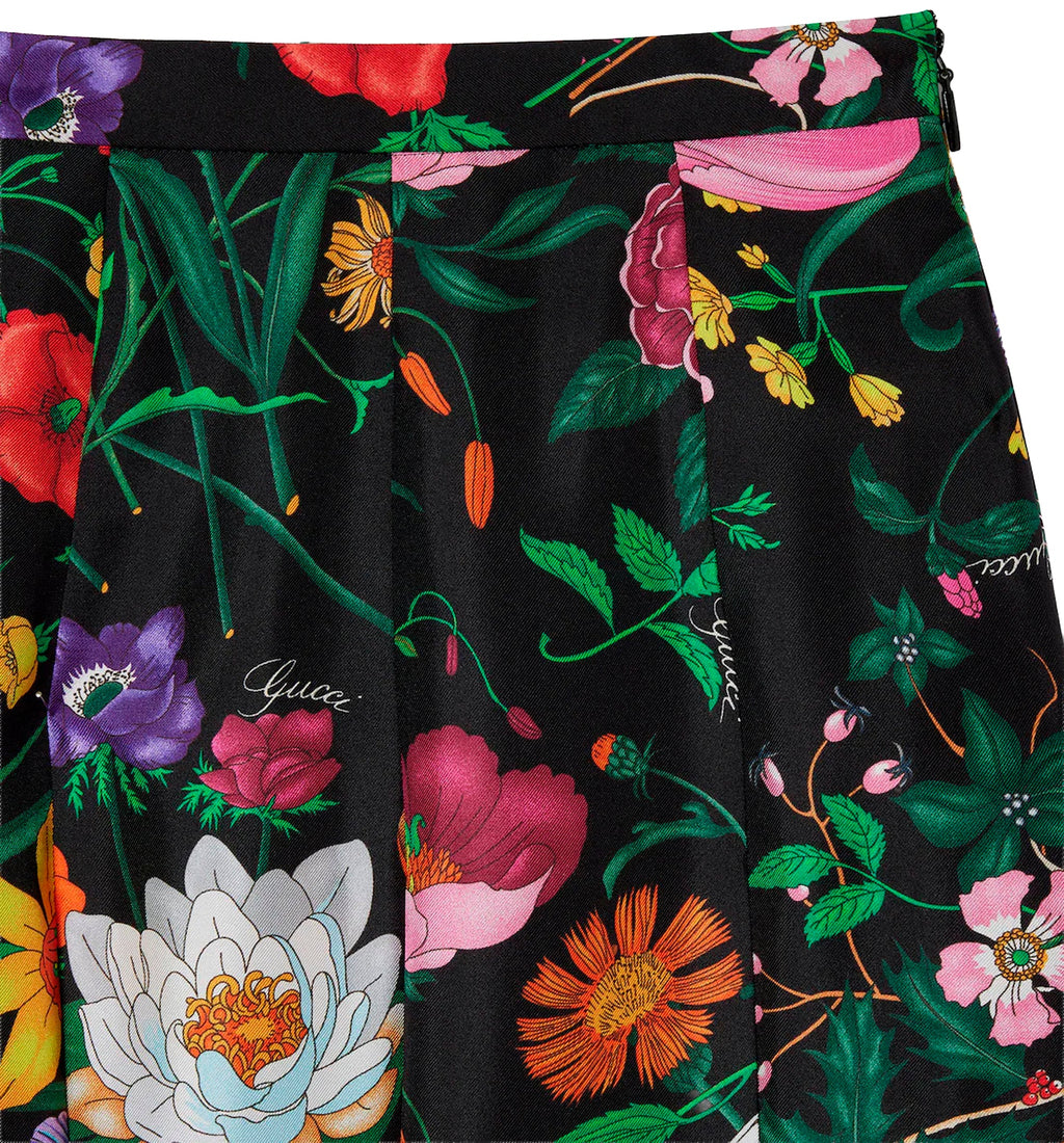 Printed silk twill pleated midi skirt
