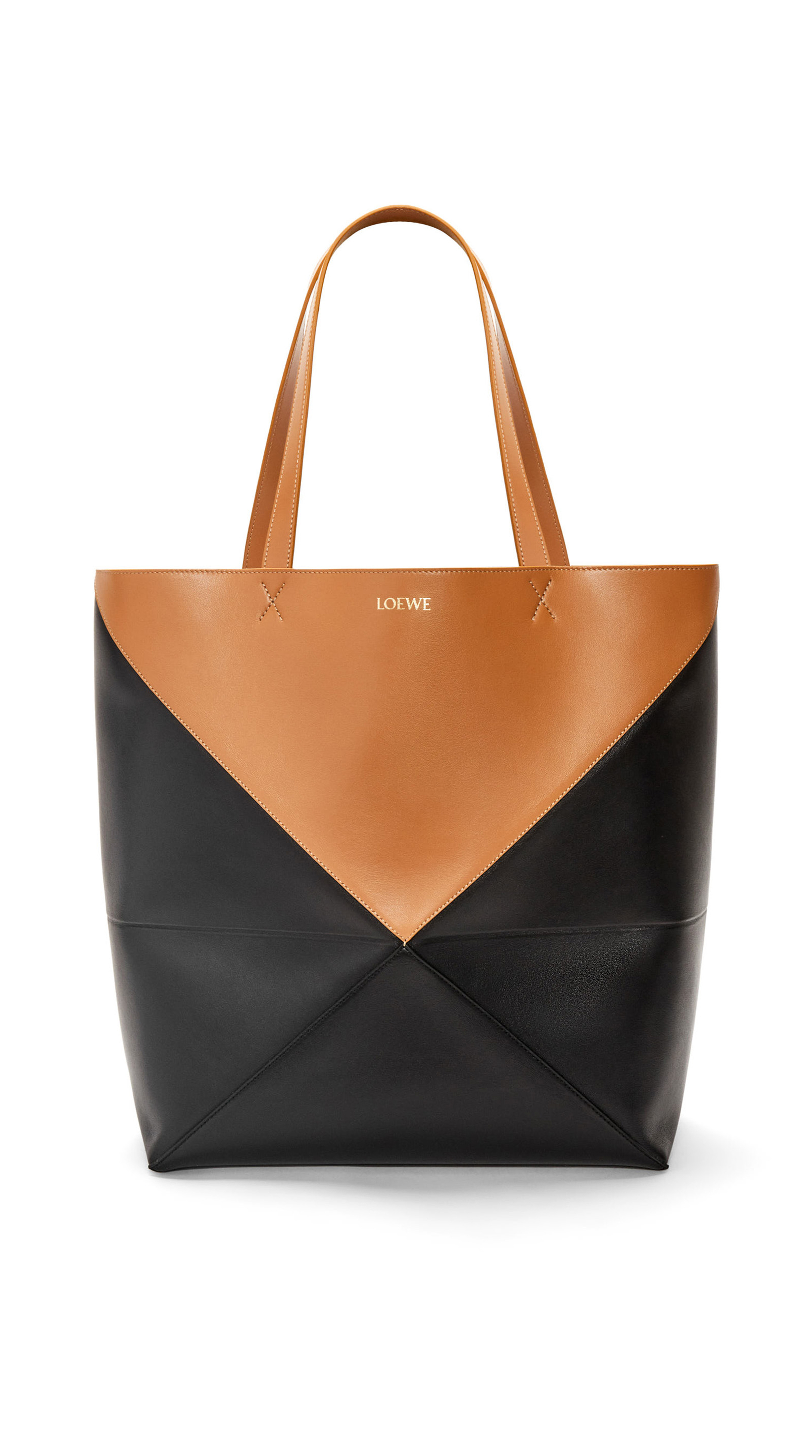 Large Puzzle Fold Tote in Shiny Calfskin - Warm Desert/Black