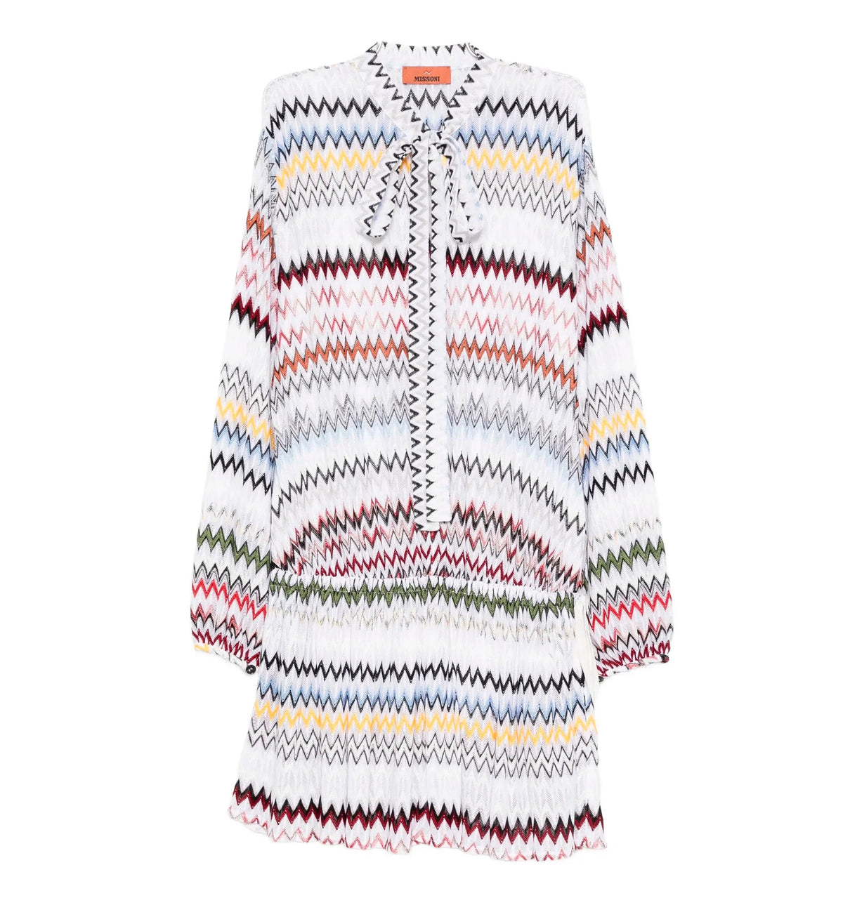 Zigzag-pattern Tie-neck Mini Dress