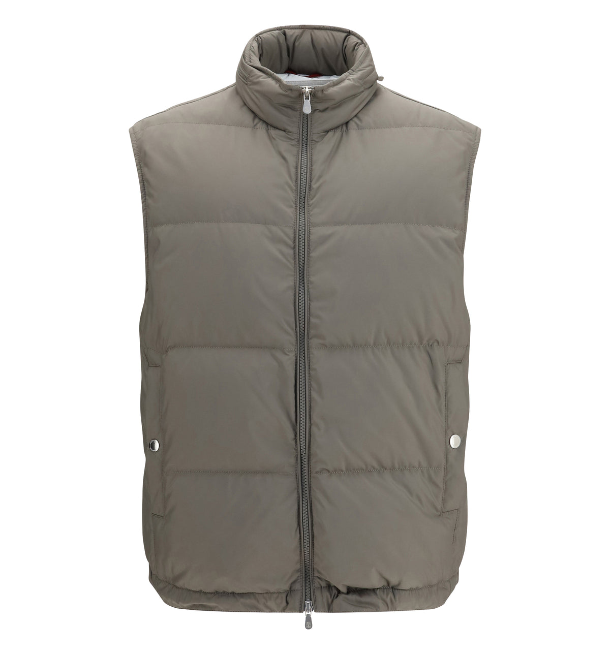 Lightweight techno-fabric down vest with packable hood