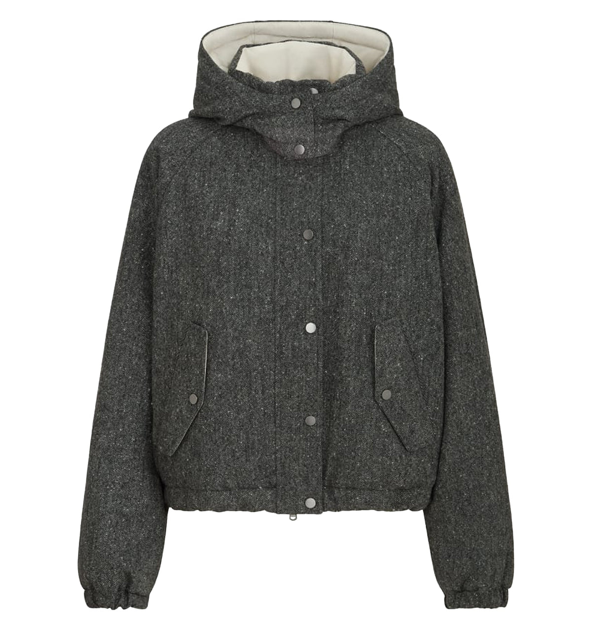 Virgin wool donegal down jacket with detachable hood and shiny zipper pull
