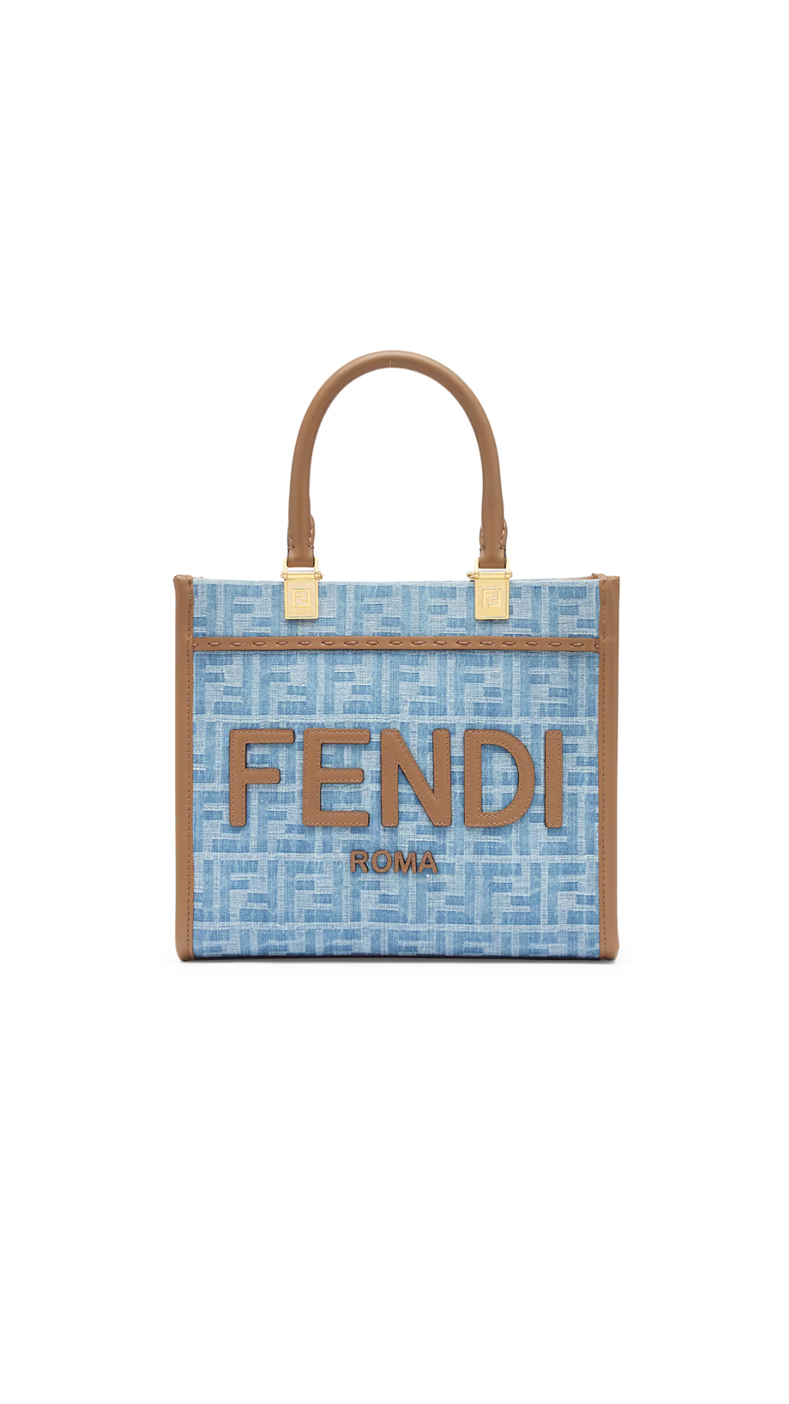 Small Fendi Sunshine Tote Bag in Denim and Calfskin - Blue/Brown