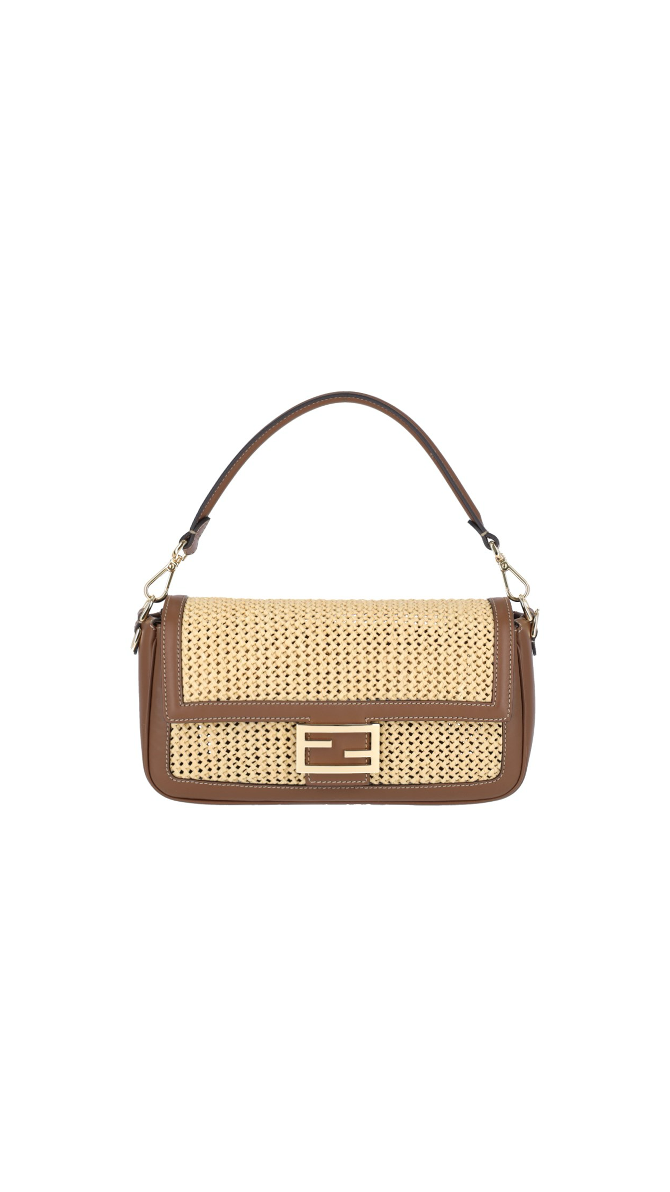 Baguette Midi Shoulder Bag in Lather and Macramé - Brown