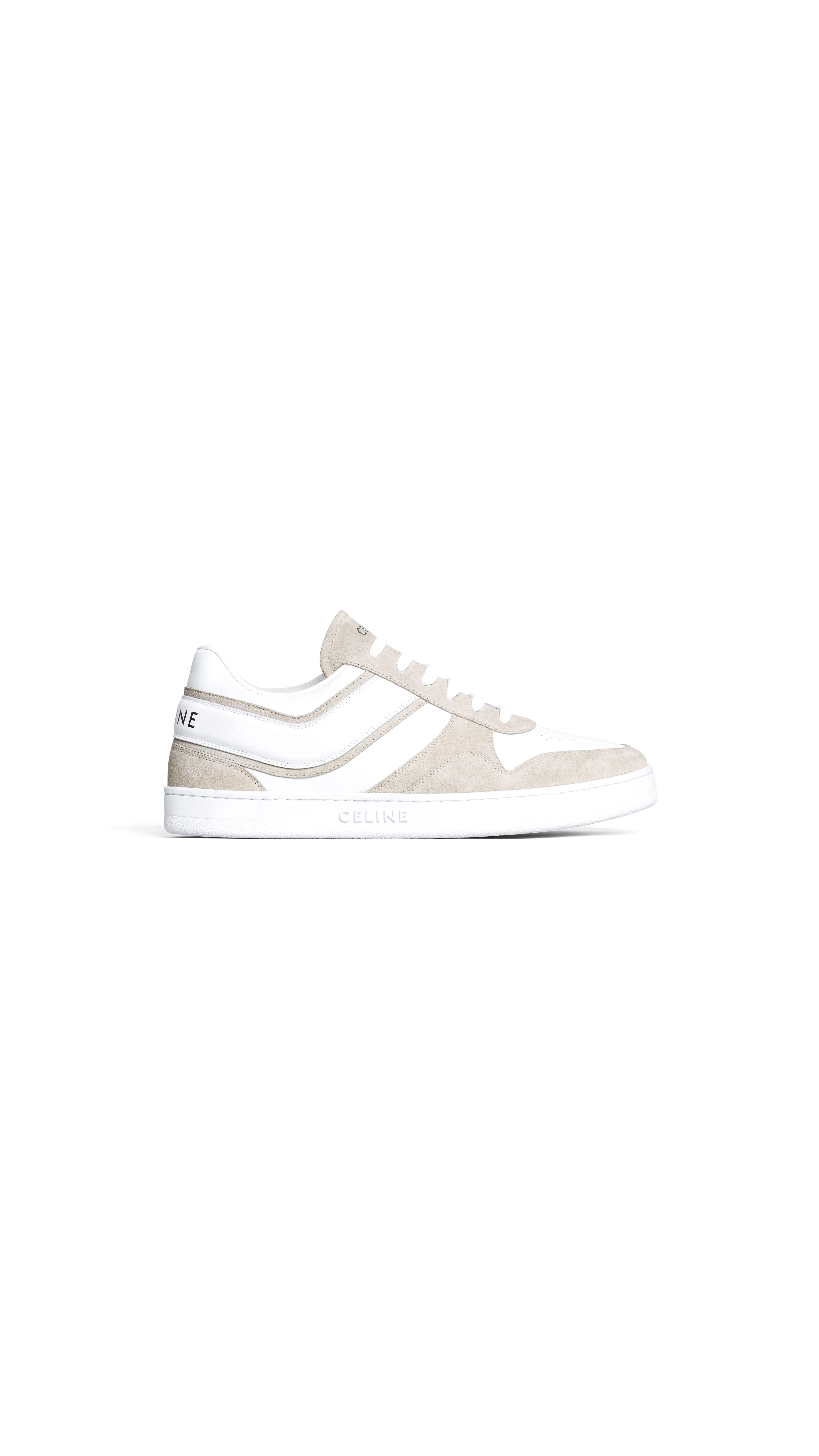 Celine Trainer Low Lace-up Sneaker In Suede Calfskin And Calfskin - Grey/optic White