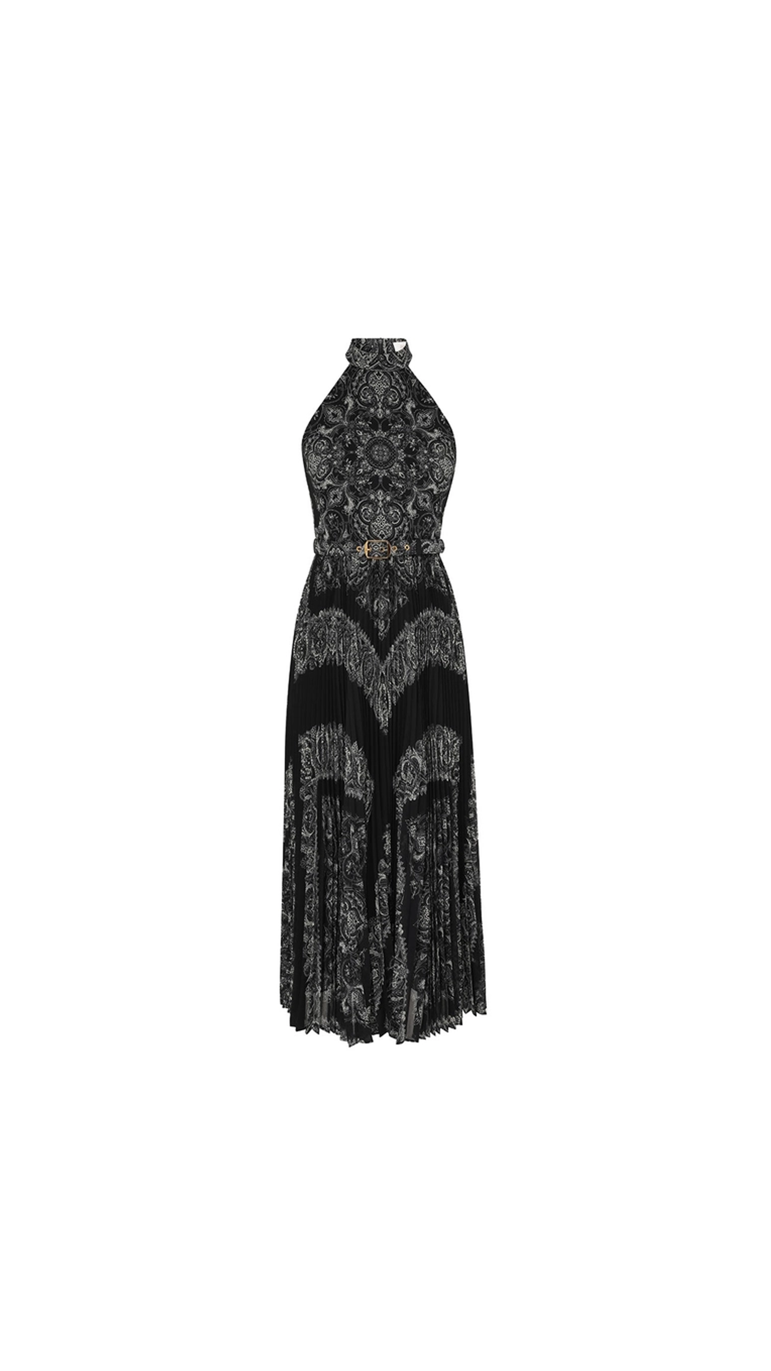 Sunray Halter Picnic Dress - Black Paisley