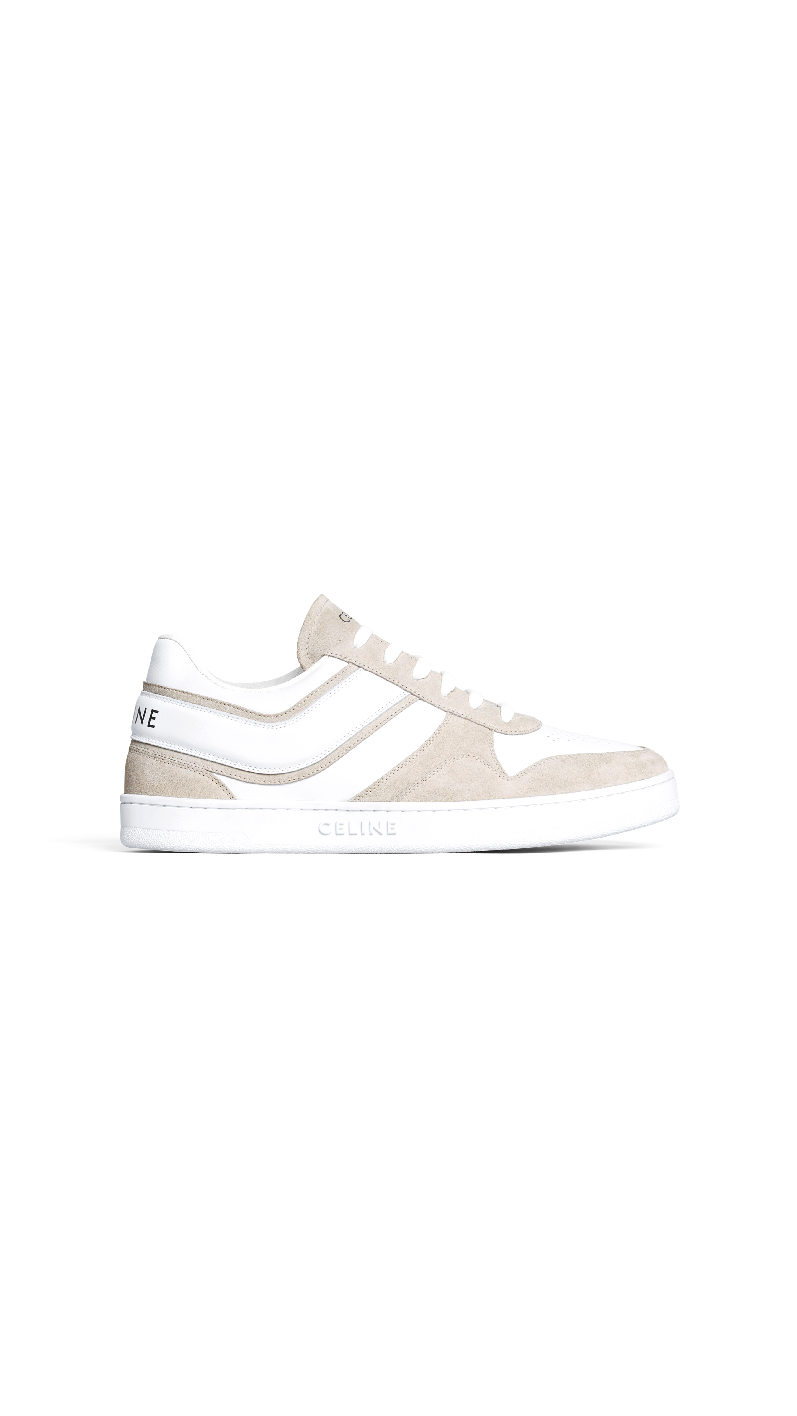 Celine Trainer Low Lace-up Sneaker In Suede Calfskin And Calfskin - Grey/optic White