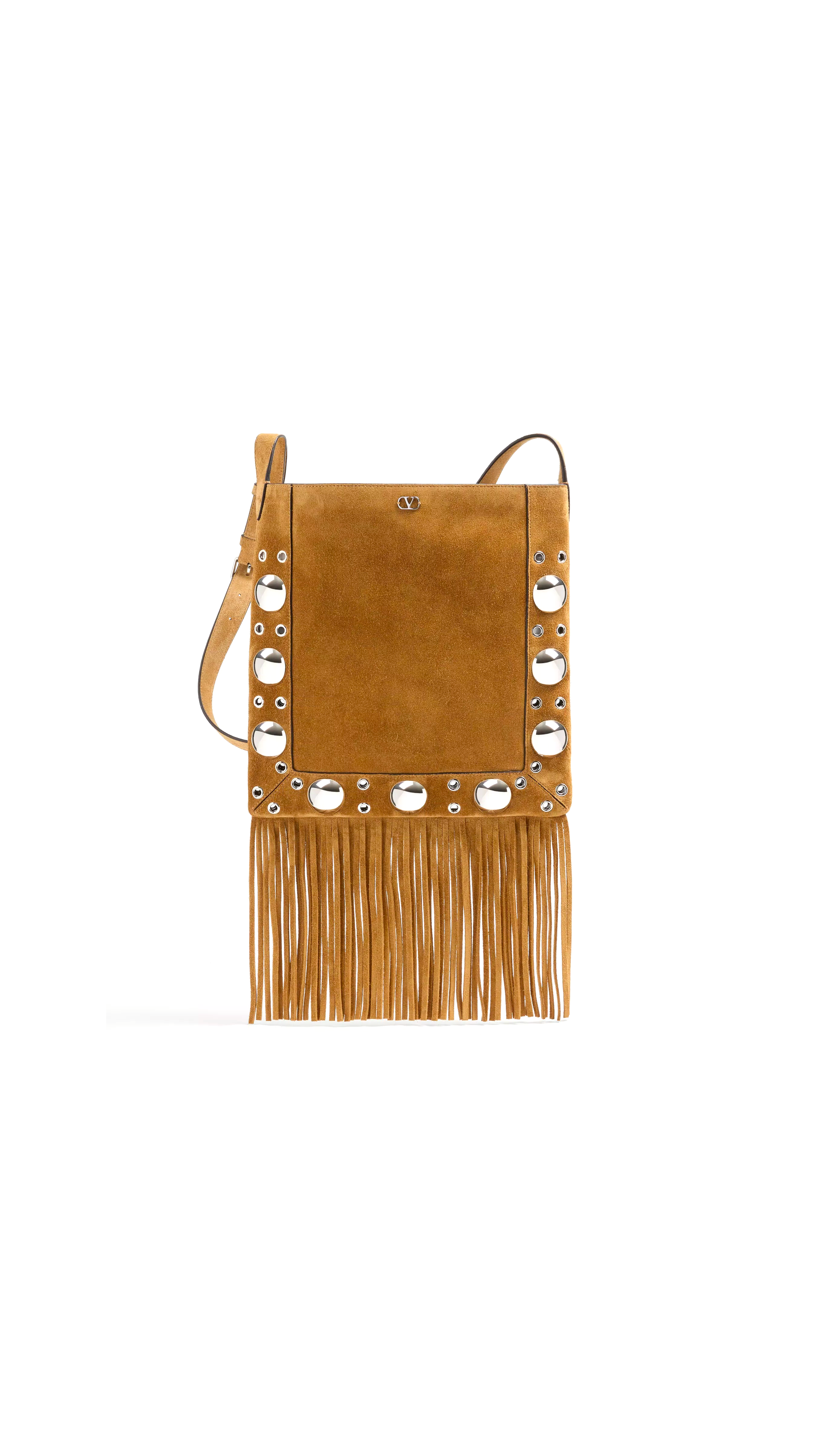 Valentino Garavani Nellcôte Suede Shoulder Bag With Fringes - Havana Beige